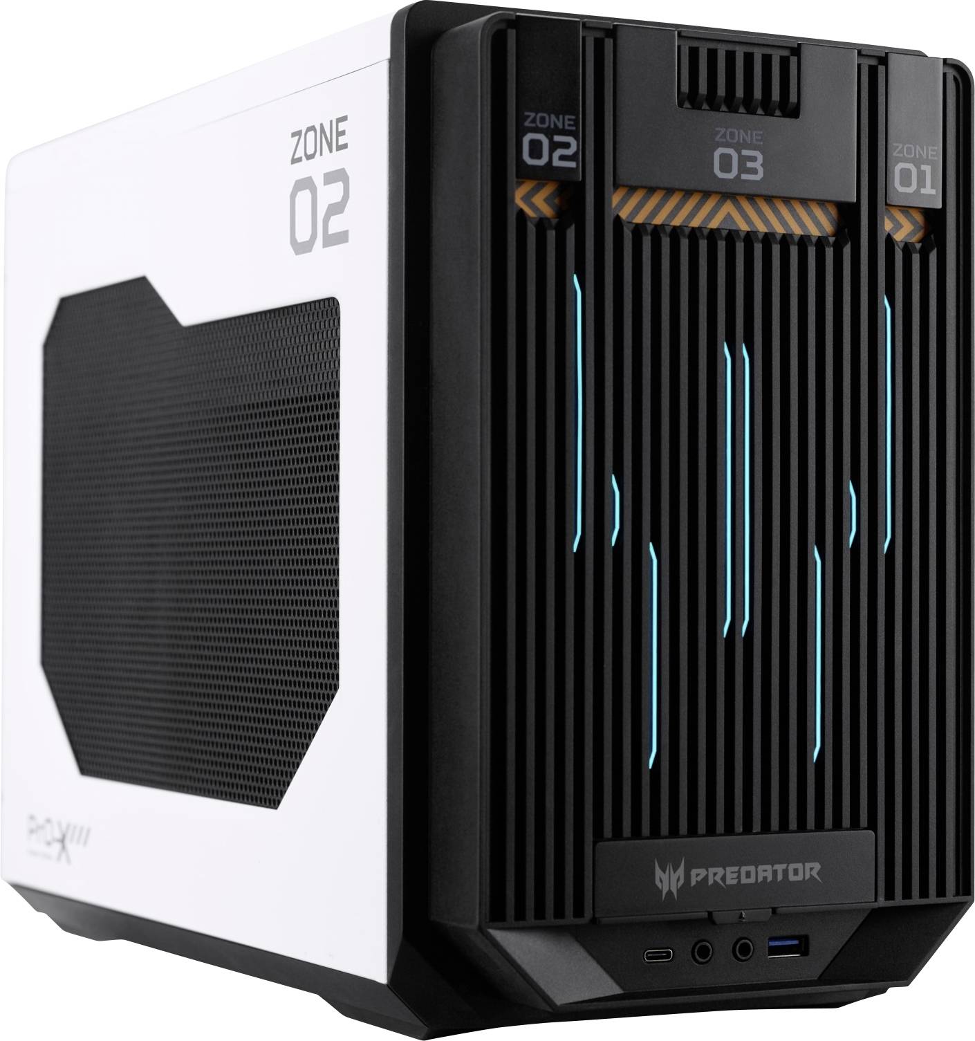 Gaming-PC-Gehäuse in Weiß und Schwarz mit blauem Leuchteffekt. Vorne drei gekennzeichnete Zonen. Markenlogo unten.