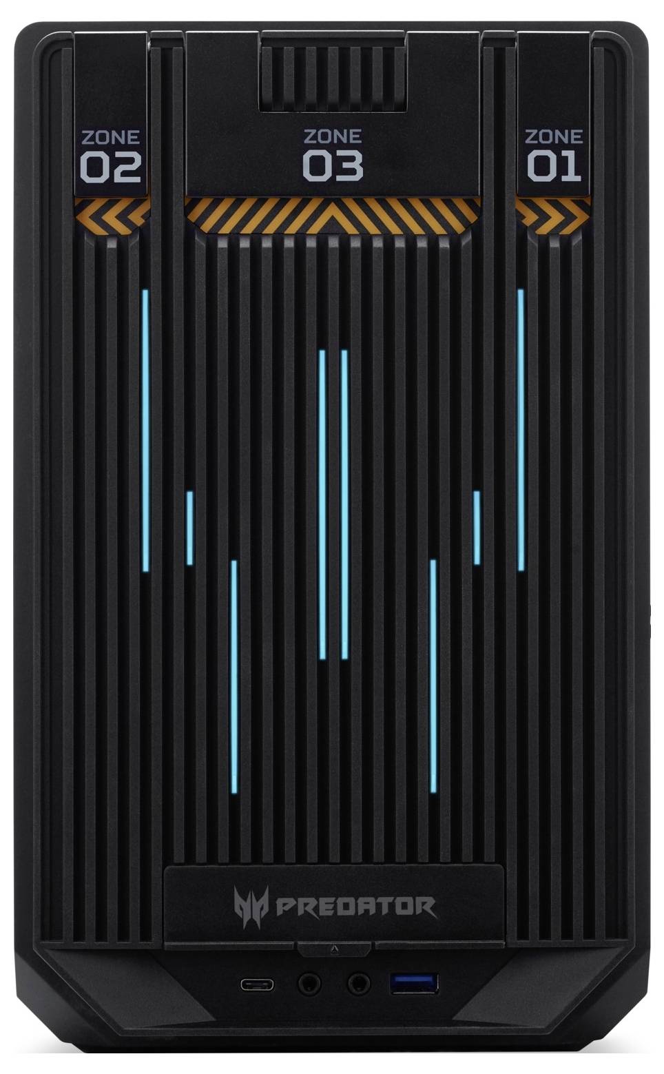 Schwarze Gaming-PC-Gehäusefront mit blauen LED-Streifen und orangefarbenen Akzenten, Markenlogo 'Predator' unten sichtbar.