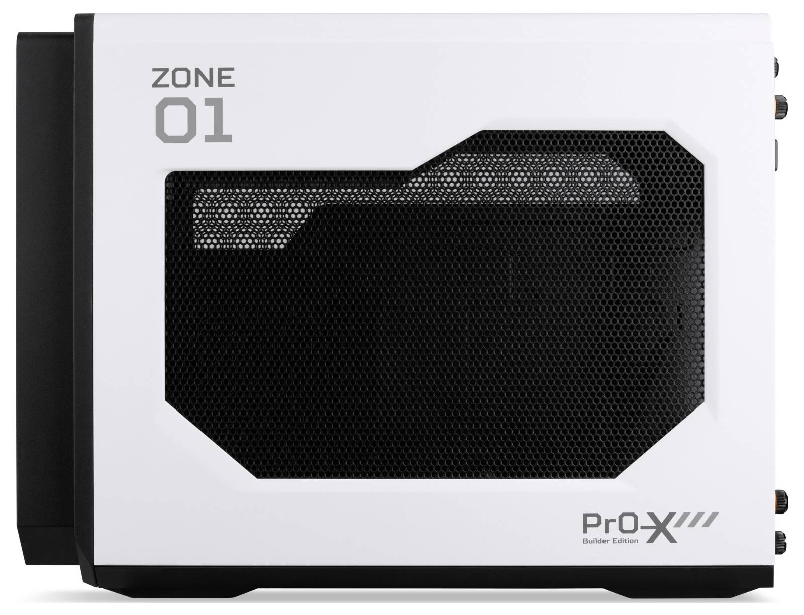Weißes rechteckiges Computergehäuse mit Gitternetzdetails. Aufschrift 'ZONE 01' oben links und 'Pro-X' unten rechts.