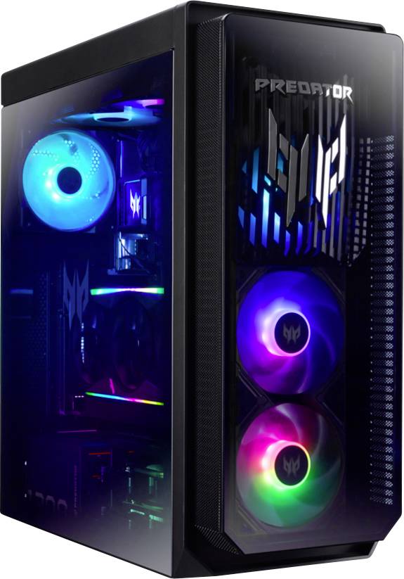 Ein beleuchtetes Gaming-PC-Gehäuse zeigt durchsichtige Seiten mit bunten LED-Lüftern und internen Komponenten.