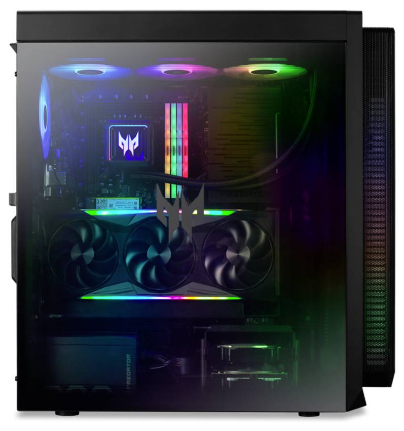 Gaming-PC mit transparentem Gehäuse zeigt RGB-beleuchtete Komponenten, darunter Lüfter, RAM und Grafikkarte.