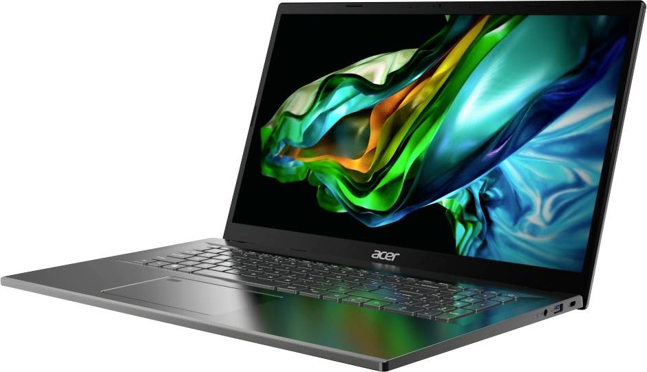 Ein moderner Laptop mit einem lebendigen, abstrakten Bildschirmhintergrund in grünen und blauen Tönen.