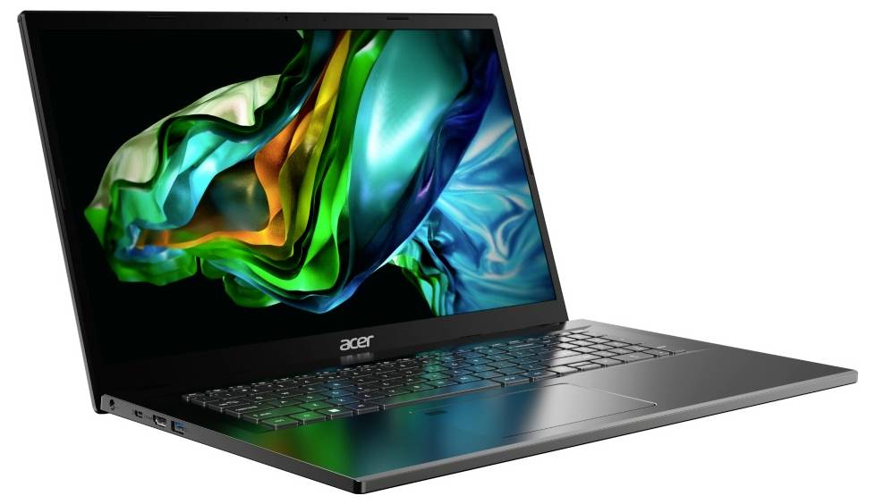 Ein moderner Laptop mit einem lebhaften, mehrfarbigen Bildschirm; zeigt ein abstraktes Design in Grün- und Blautönen.