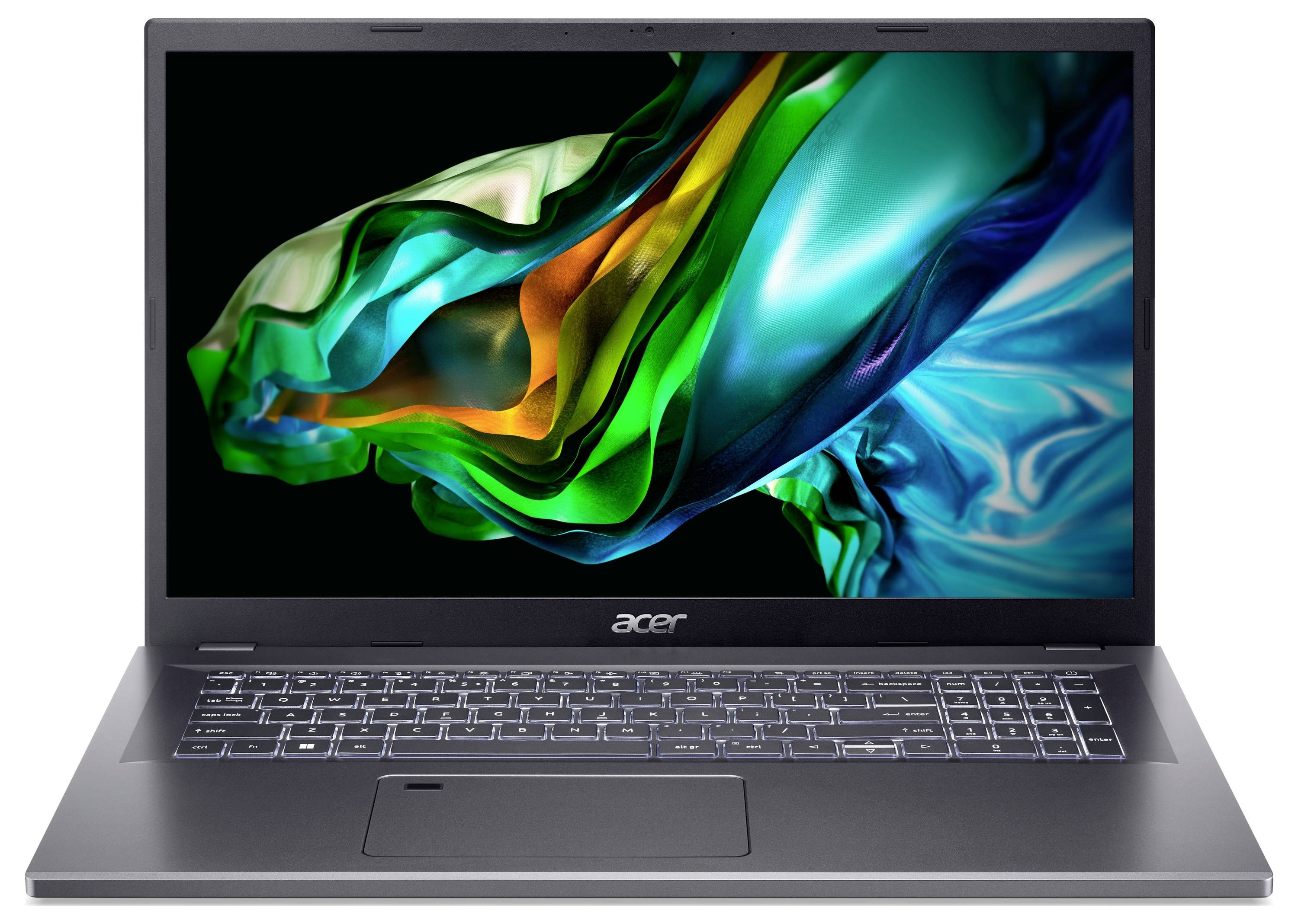 Ein Laptop mit eingeschaltetem Bildschirm zeigt ein abstraktes, buntes Design. Es handelt sich um ein Acer-Gerät mit sichtbar beleuchteter Tastatur.