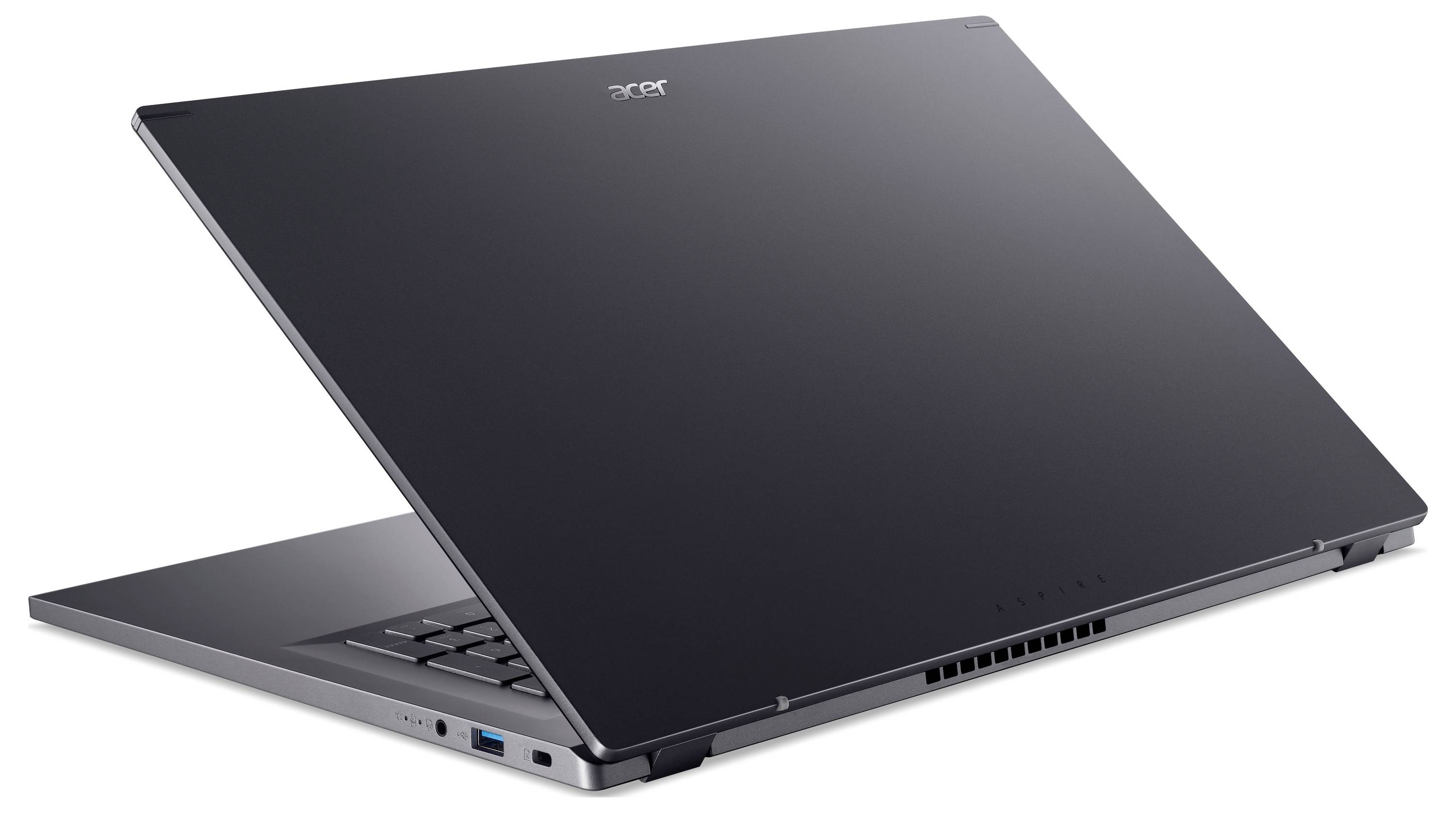Ein schwarzer Laptop von der Seite gesehen, leicht geöffnet. Der Bildschirm ist dunkel, die Tastatur sichtbar. Markenname 'Acer' oben.