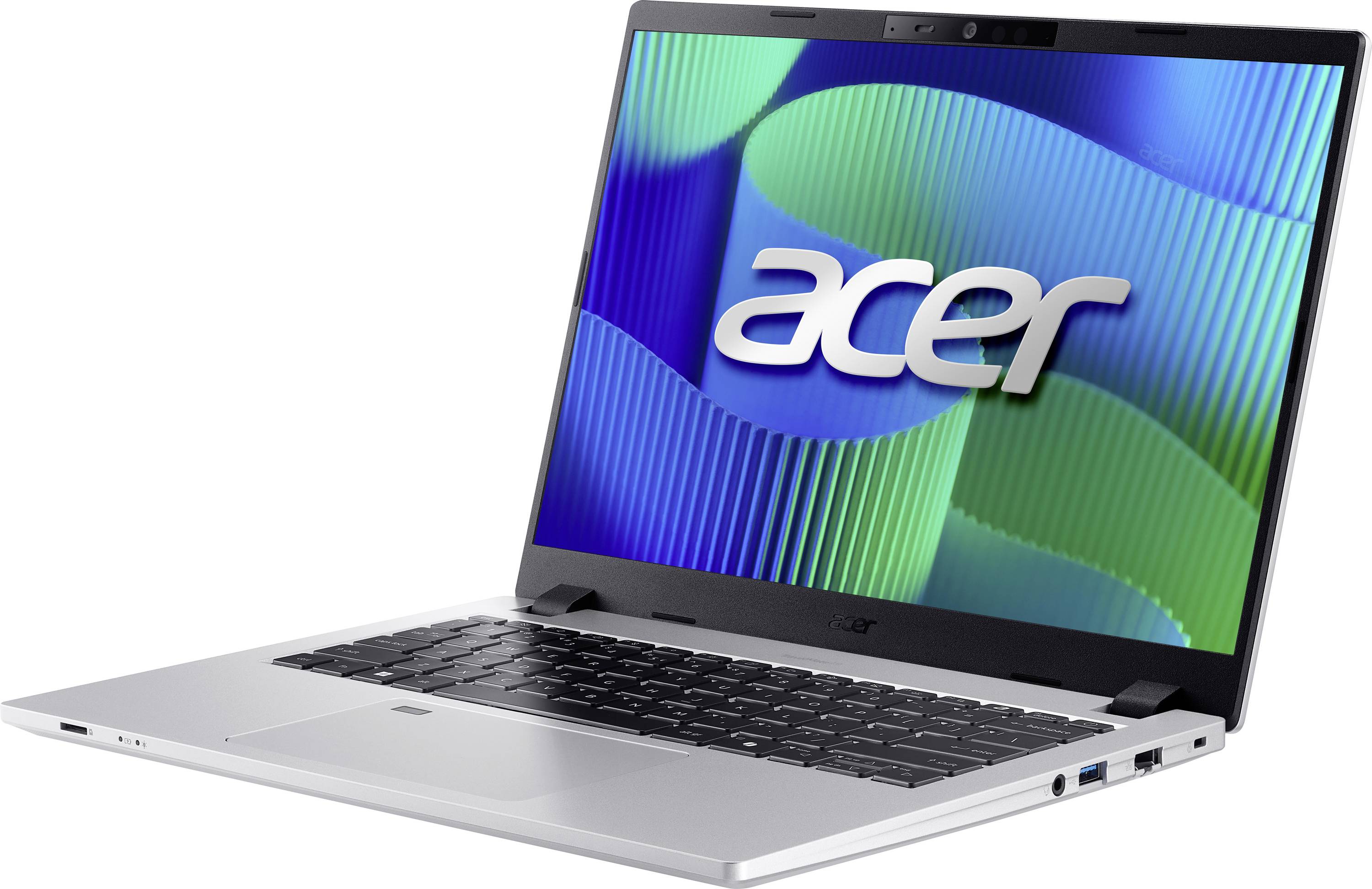Ein silberner Laptop mit dem Logo 'Acer' auf dem Bildschirm, der Farbwellen zeigt. Der Laptop ist teilweise geöffnet und von der Seite zu sehen.