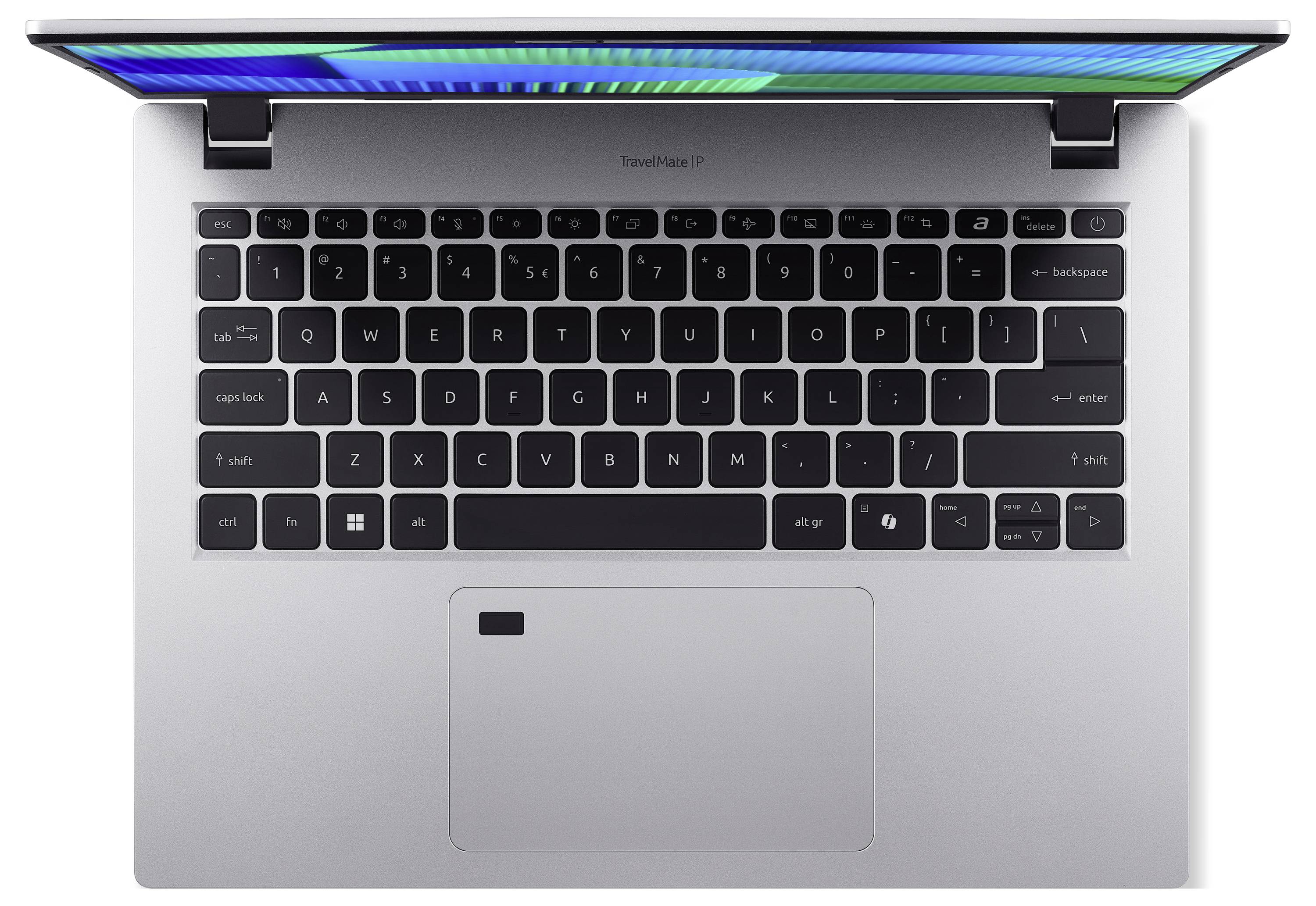 Obenansicht eines Laptops in geöffneter Position, Bildschirm zeigt Farben. Schwarze Tastatur mit Touchpad und Fingerabdrucksensor darunter.