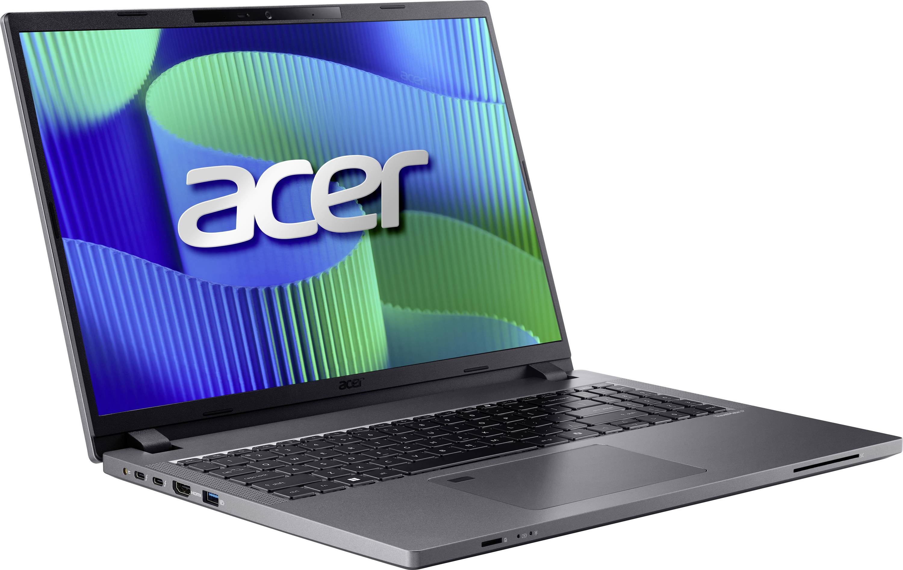 Ein Laptop mit einem blauen und grünen Hintergrund auf dem Bildschirm. Das Logo 'acer' ist deutlich sichtbar in der Mitte des Bildschirms.