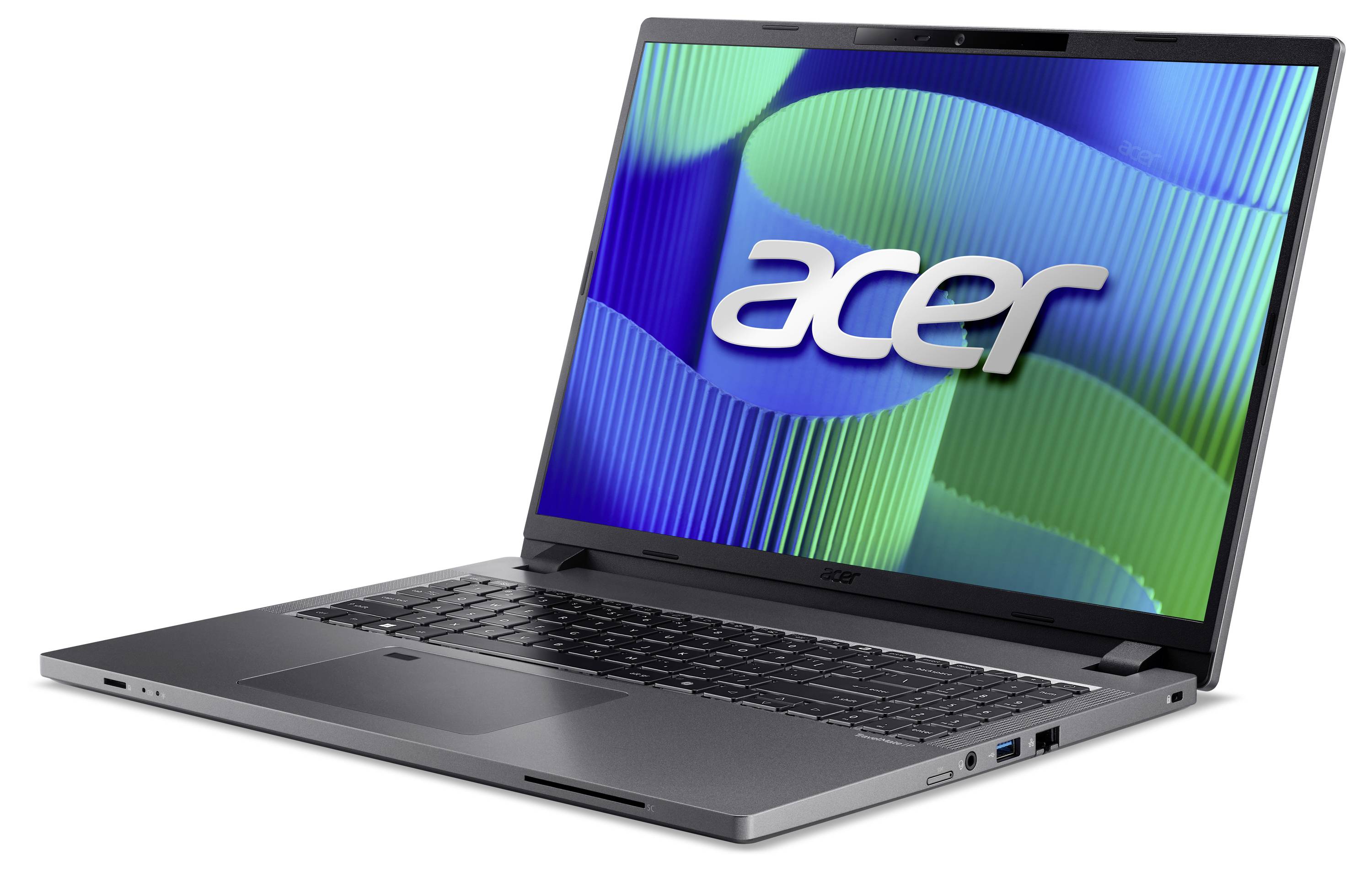 Kompakter Laptop der Marke Acer mit entspiegeltem Bildschirm, aus Aluminium gefertigt. Hintergrundbild zeigt grüne und blaue Wellen.