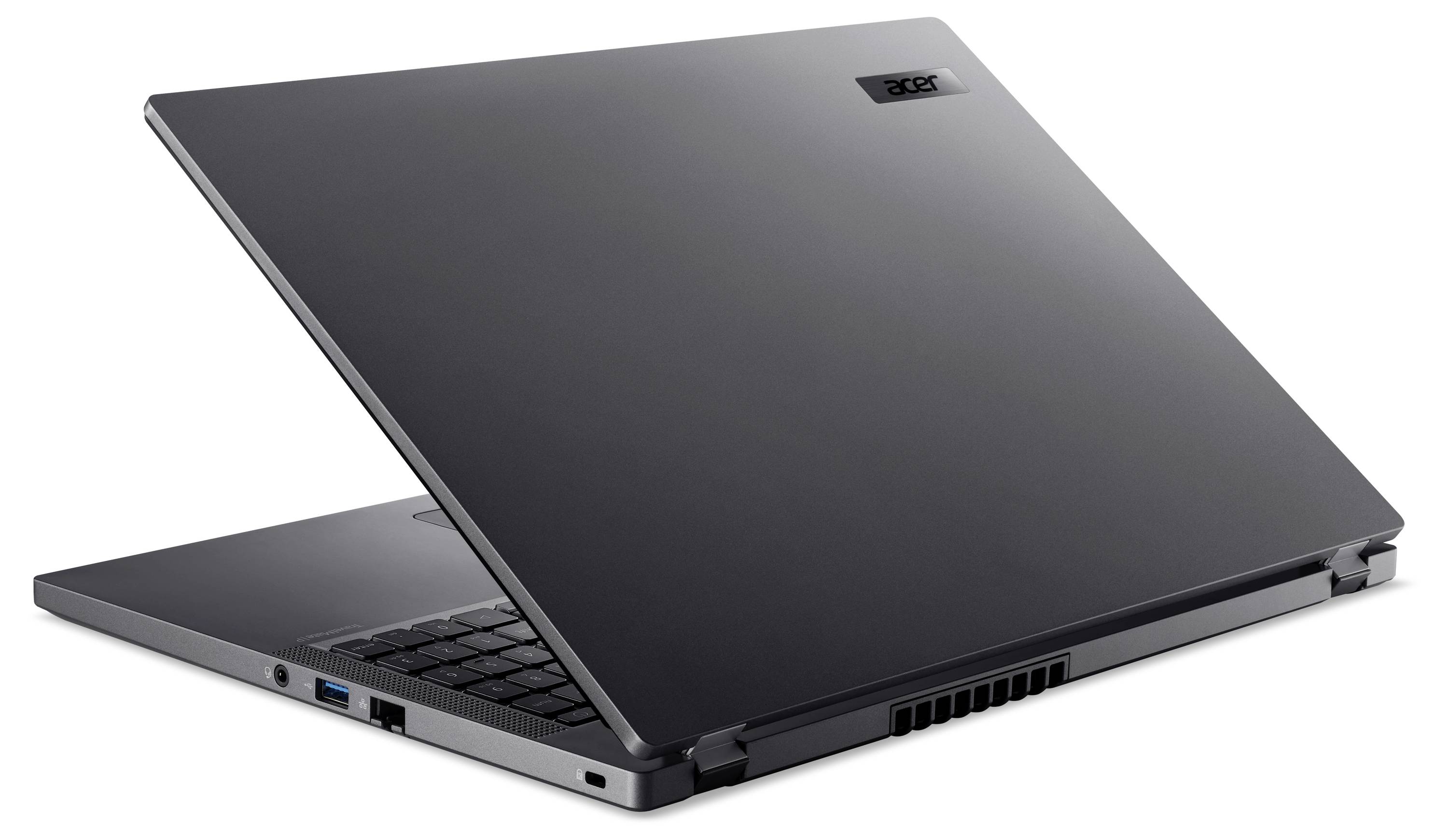 Ein halbgeöffneter, grauer Laptop von Acer mit sichtbarem Lüftungsauslass an der Seite und blauer USB-Anschluss im Vordergrund.