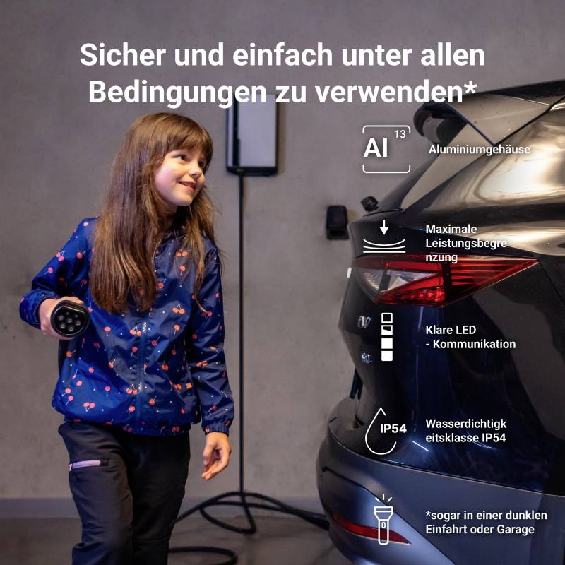 Mädchen mit Taschenlampe neben einem geparkten Auto in Garage. Text erklärt Autoeigenschaften: Aluminiumgehäuse, wasserdicht, klare LED-Kommunikation.