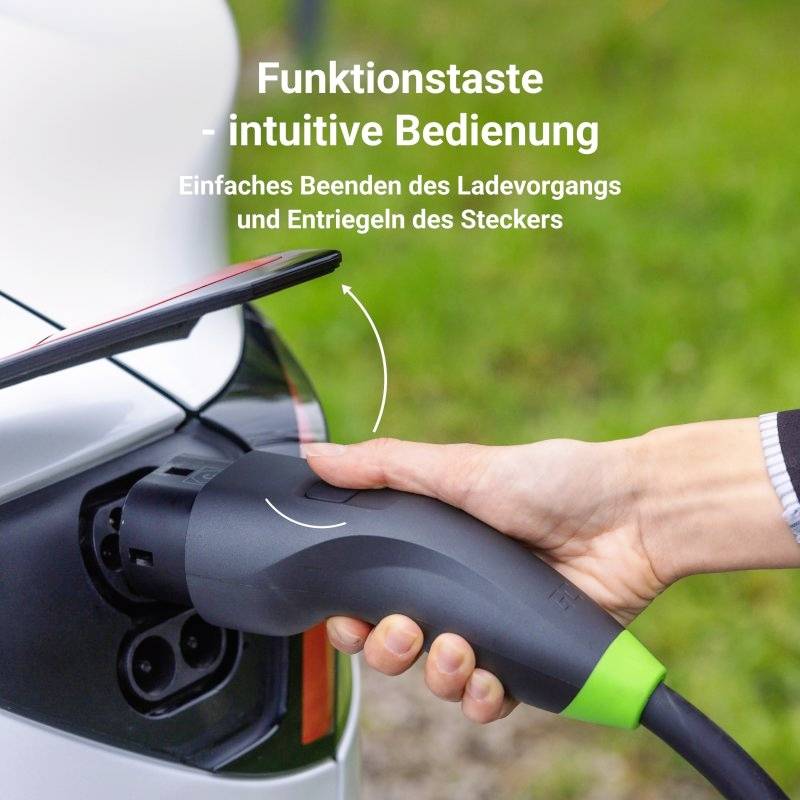 Eine Hand hält einen Ladestecker, der aus einem elektrisch betriebenen Fahrzeug gezogen wird. Text erklärt eine Funktionstaste zur Bedienung.