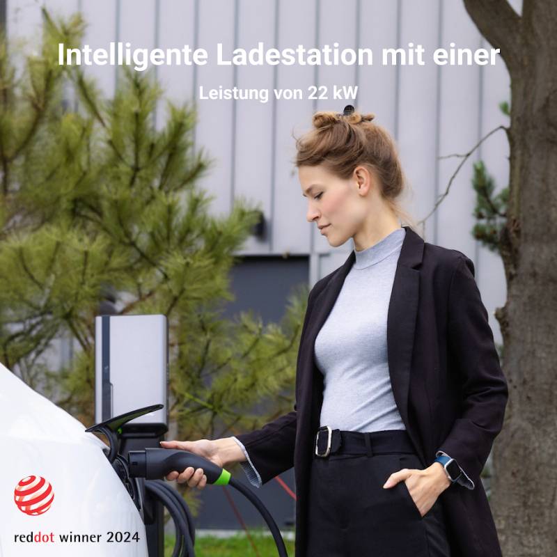 Frau lädt Elektrofahrzeug an intelligenter Ladestation mit 22 kW Leistung. Im Hintergrund moderne Architektur. Reddot-Gewinner 2024.
