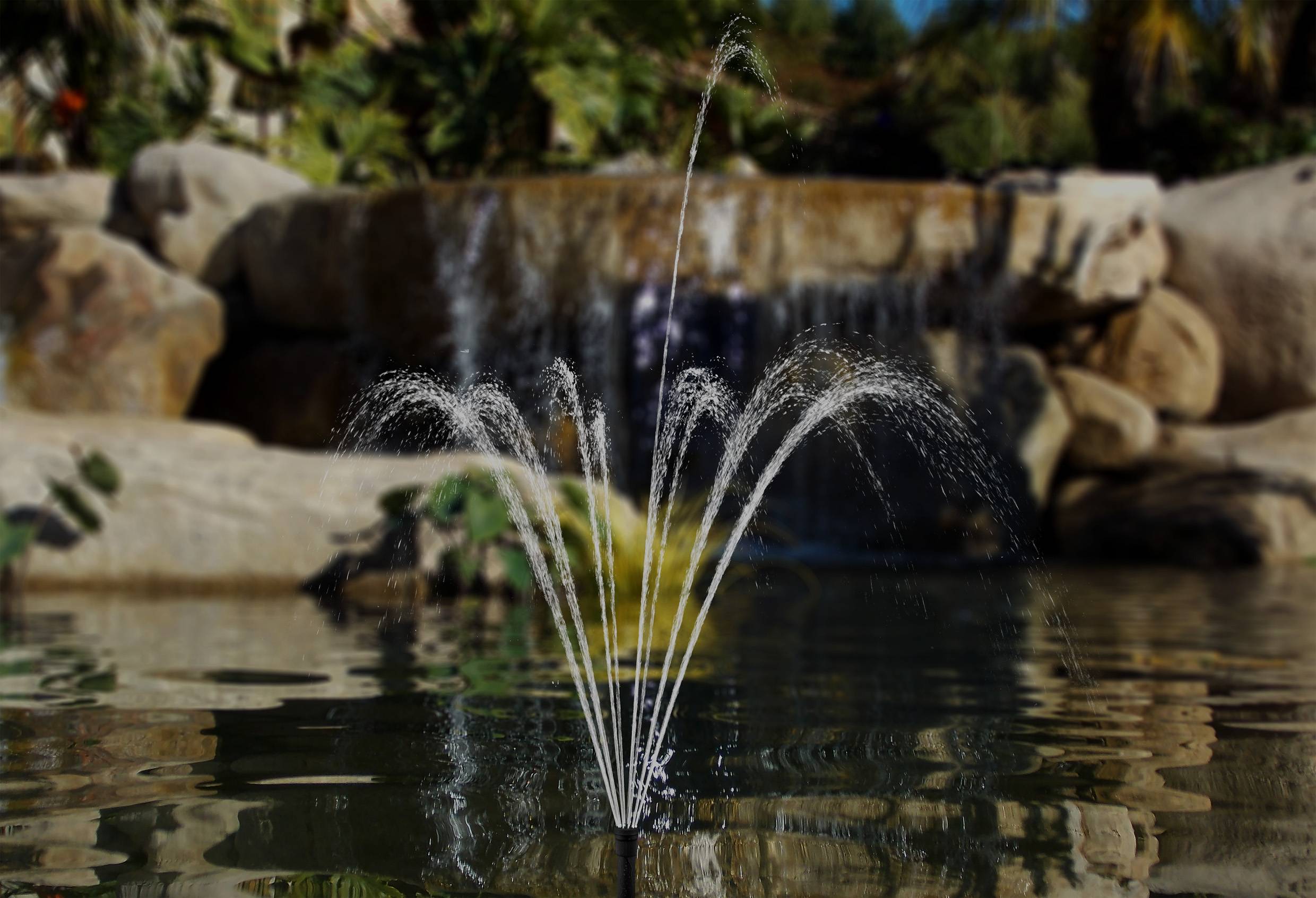 Springbrunnen in einem Teich mit leicht verschwommenem Hintergrund aus Felsen und Pflanzen. Wasserstrahlen formen fächerartiges Muster.
