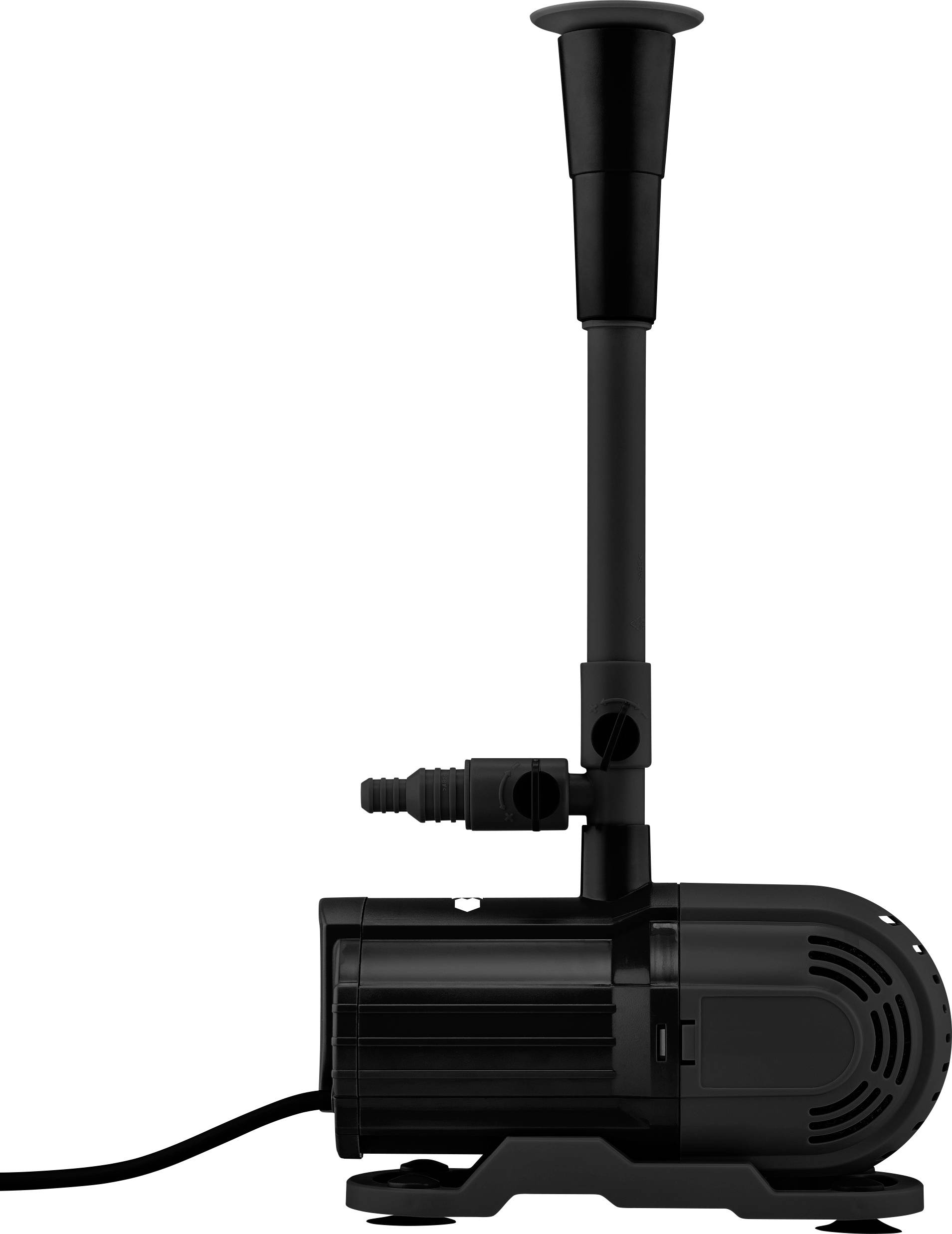 Eine schwarze Teichpumpe mit einem langen Auslassrohr. Sie hat ein kompaktes Design und ist für die Wasserzirkulation geeignet.