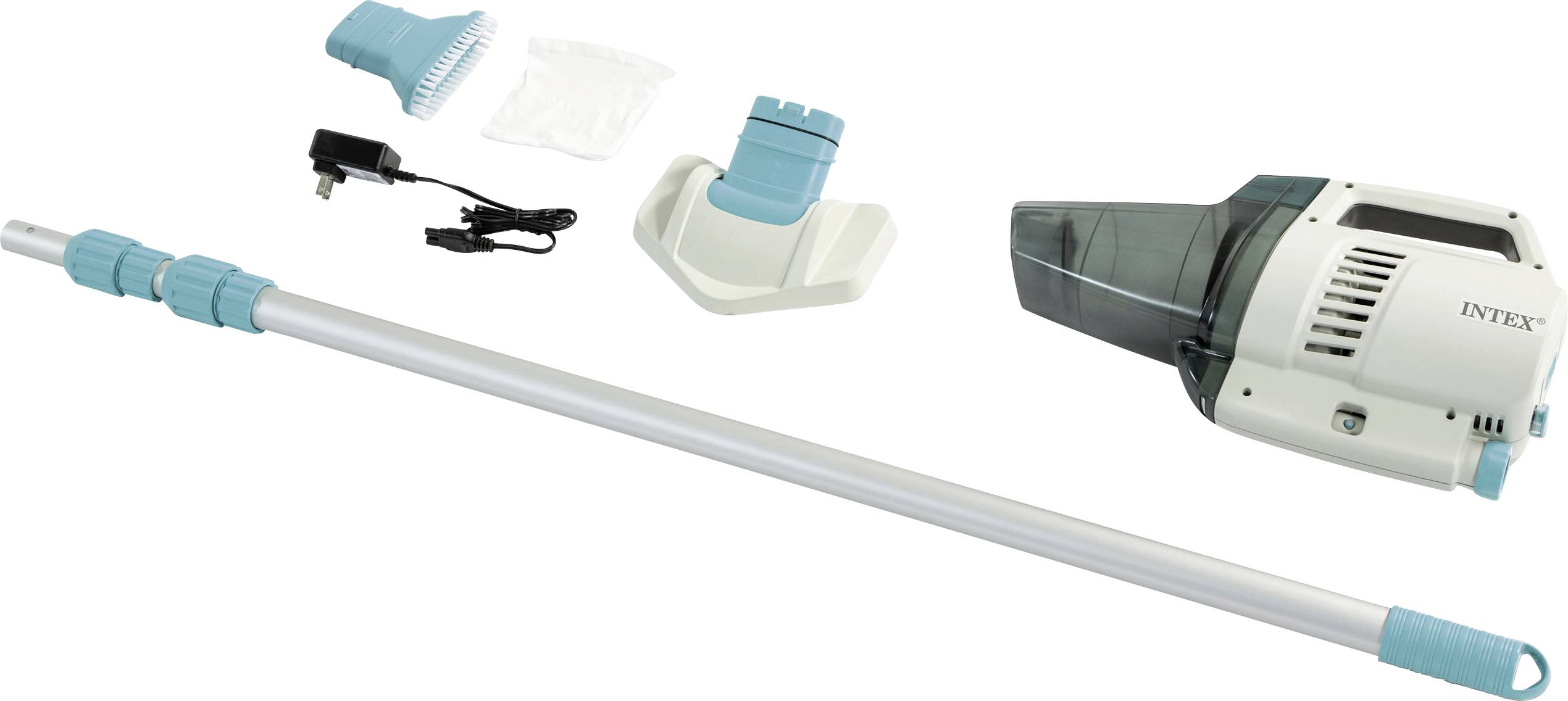 Poolreiniger-Set mit weißem und türkisfarbenem Handstaubsauger, ausziehbarem Stab, Ladegerät und Zubehör.