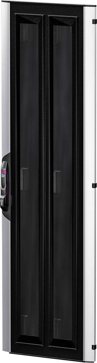 Schwarze Serverschranktür, geschlossen, mit integriertem elektronischem Schloss an der linken Seitenwand.