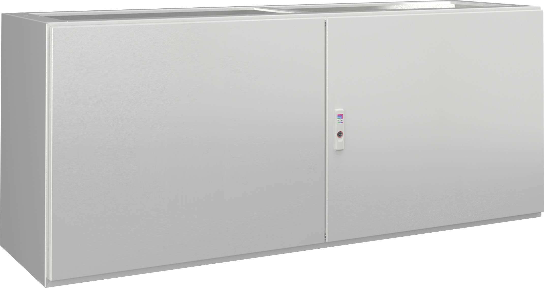 Ein grauer Metallschrank mit zwei großen Flügeltüren und einem kleinen Schloss in der Mitte, steht auf einer ebenen Fläche.