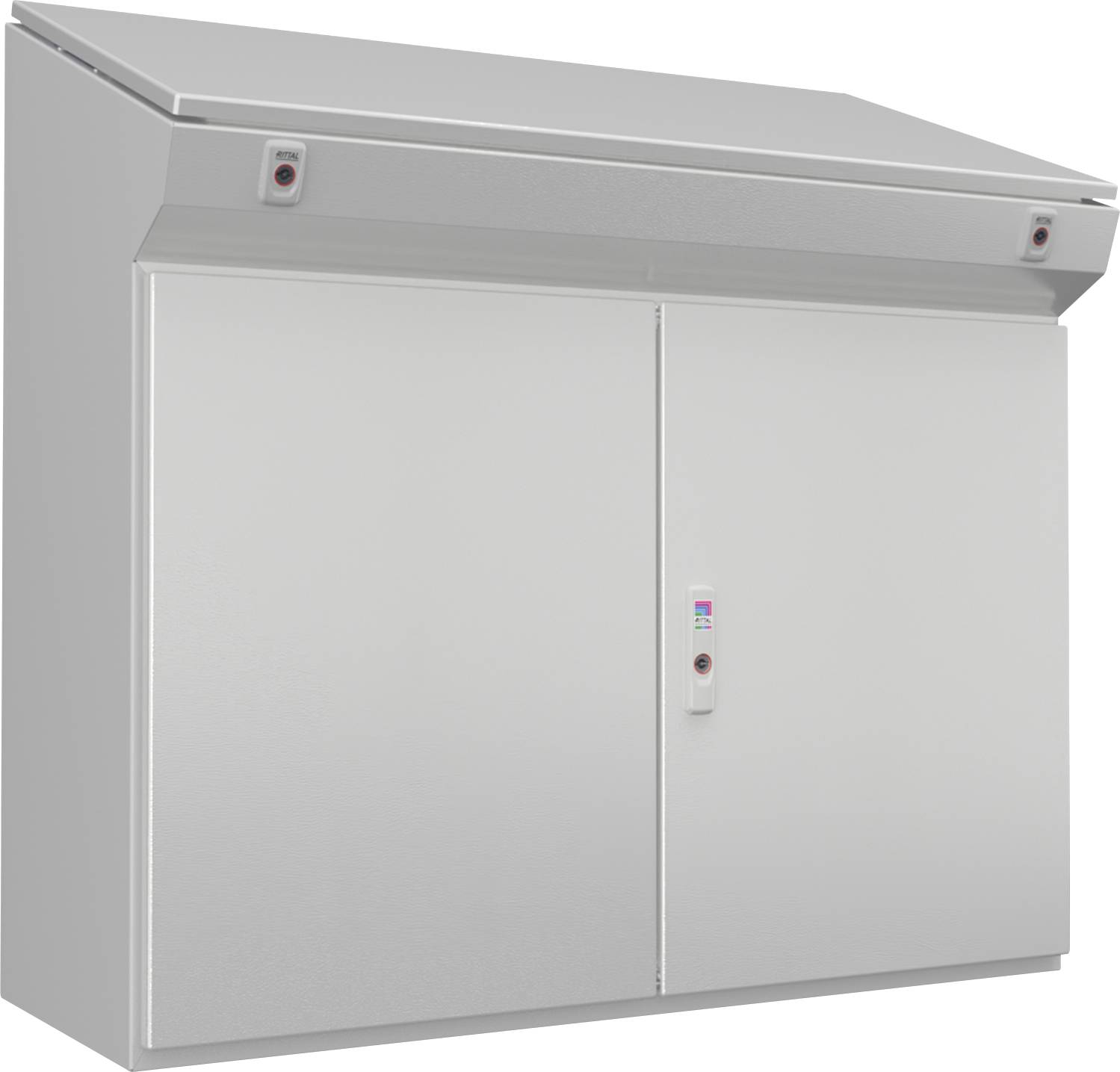 Metallschrank mit zwei Türen und Belüftungsaufsatz. Geeignet zur sicheren Aufbewahrung von Materialien in Laboren oder Werkstätten.