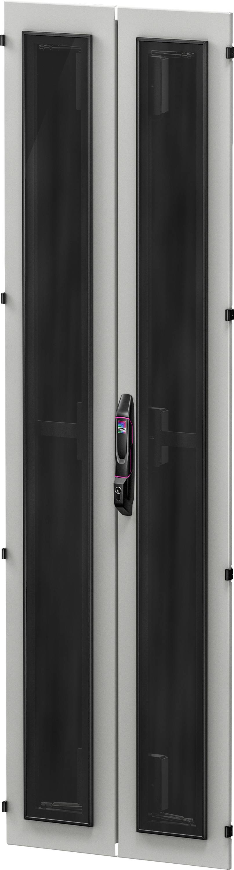 Doppelflügeltür in Schwarz und Grau, abgeschlossene Position, mit zentralem Griff; geeignet für industriellen oder gewerblichen Einsatz.