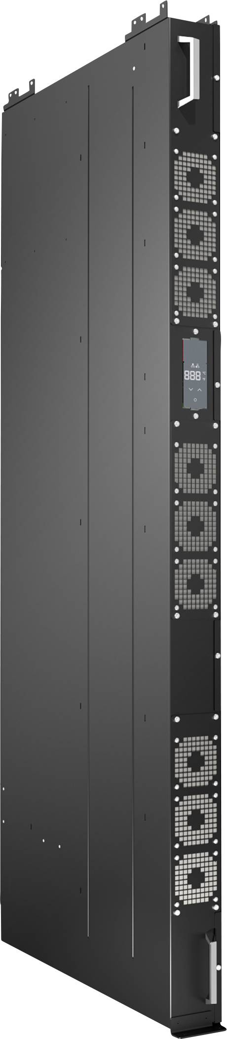 Schwarze vertikale Servereinheit mit mehreren Kühllüftern, geeignet zur Kühlung von IT-Geräten in Rechenzentren.