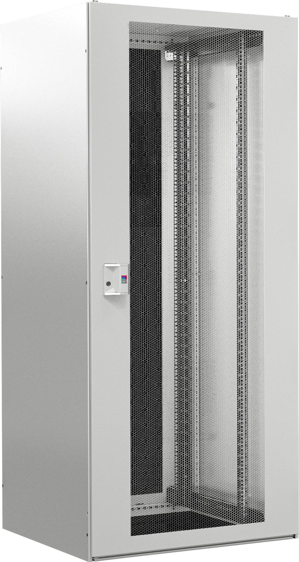Ein grauer Metallserver-Rack-Schrank mit Glastür, geeignet zur Aufbewahrung von IT-Geräten wie Servern und Netzwerkswitches.