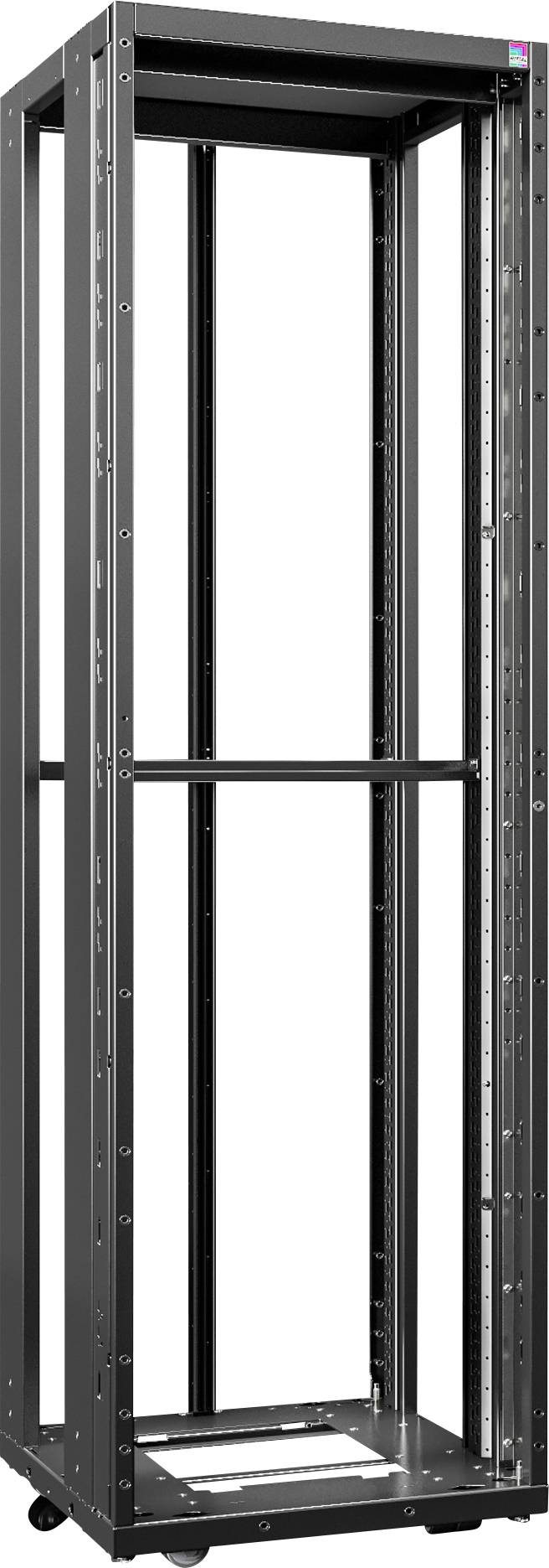 Ein leeres, schwarzes Server-Rack mit hoher, rechteckiger Struktur. Es steht auf Rollen und ist für die Installation von Servern vorgesehen.