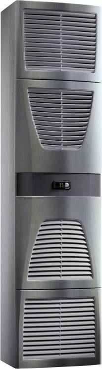 Eine graue Klimaanlage mit Lüftergittern und digitalem Display in der Mitte, auf einer flachen, vertikalen Einheit montiert.