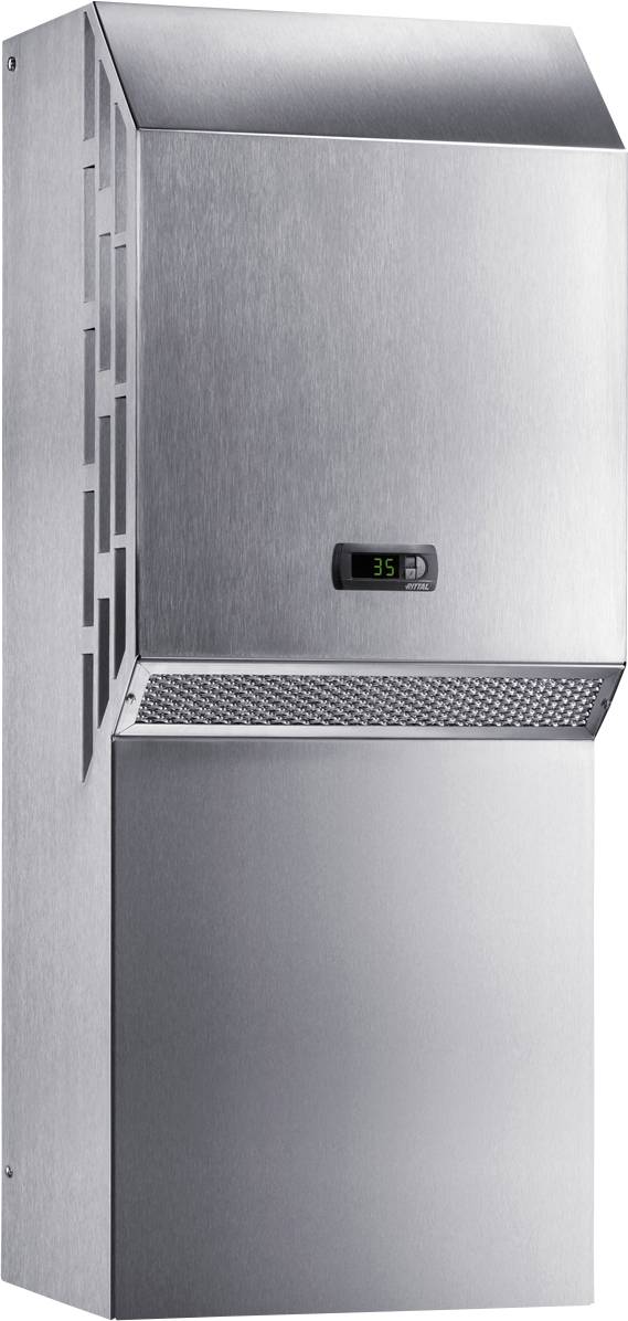 Industrie-Klimagerät in silberner Metallausführung mit Digitalanzeige, zeigt '35'. Geeignet zur Temperaturregulierung in technischen Umgebungen.