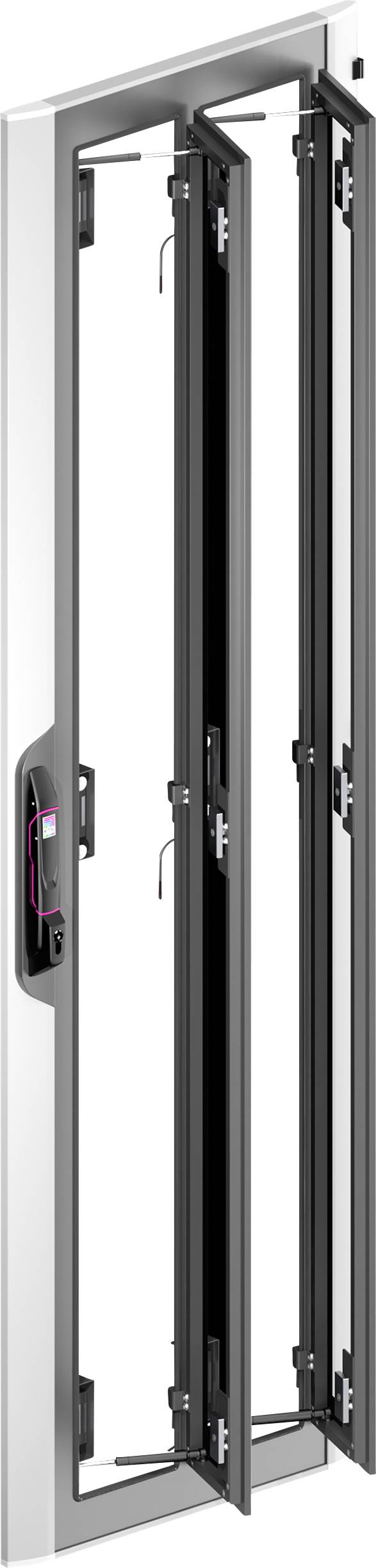 Eine geöffnete moderne Falttür aus Metall, gezeigt in einem schmalen Türrahmen, die ein Beispiel für ein platzsparendes Türdesign darstellt.