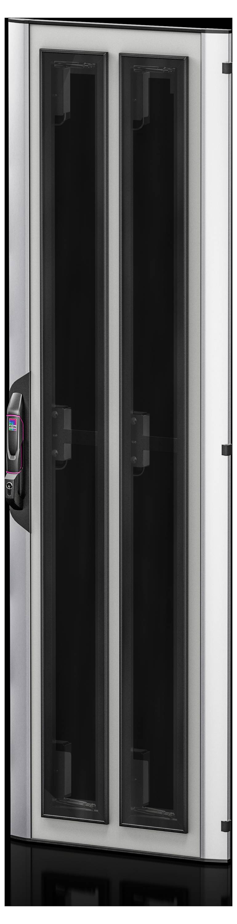 Ein silberner Metallschrank mit zwei großen schwarzen Glastüren, geeignet zur Aufbewahrung oder Präsentation von Inhalten.