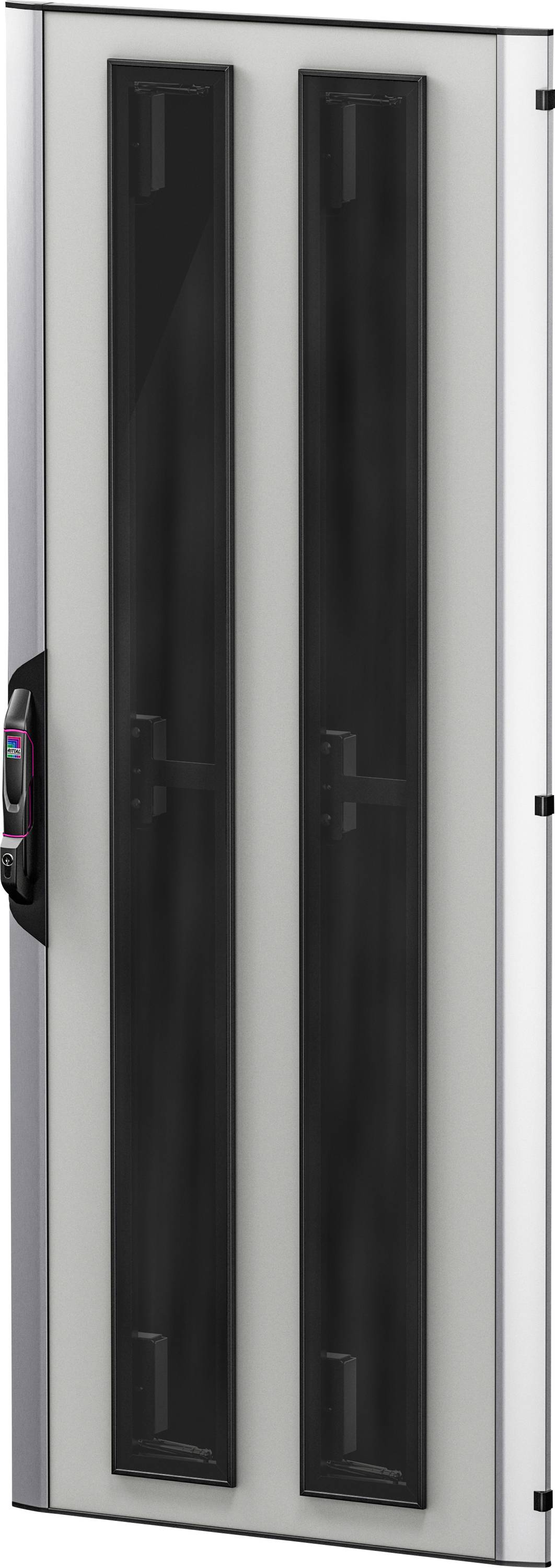 Ein metallisches Schrankgehäuse mit zwei vertikalen, schwarzen Glasplatten und einem seitlichen Griff, dargestellt in seitlicher Ansicht.