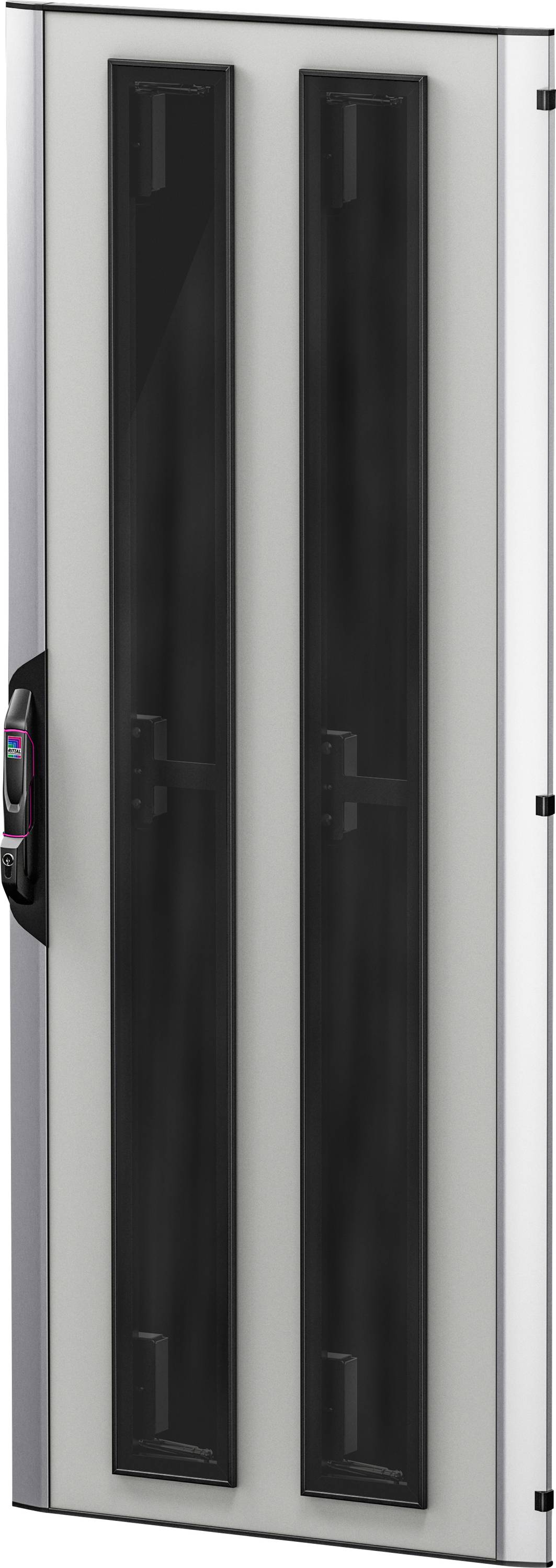 Metallschrank mit zwei vertikalen schwarzen Paneelen und einer Tür mit Griff an der linken Seite. Eignet sich zur Aufbewahrung.