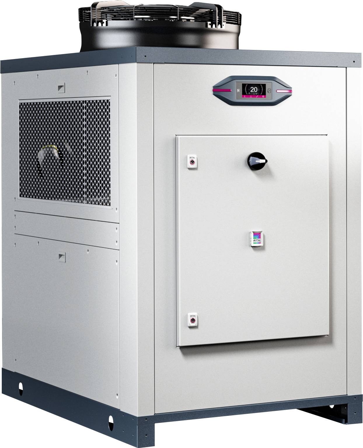 Industrie-Kühlanlage mit digitalem Display und Belüftung oben. Rechteckige Form, Metallgehäuse, geeignet für industrielle Anwendungen.