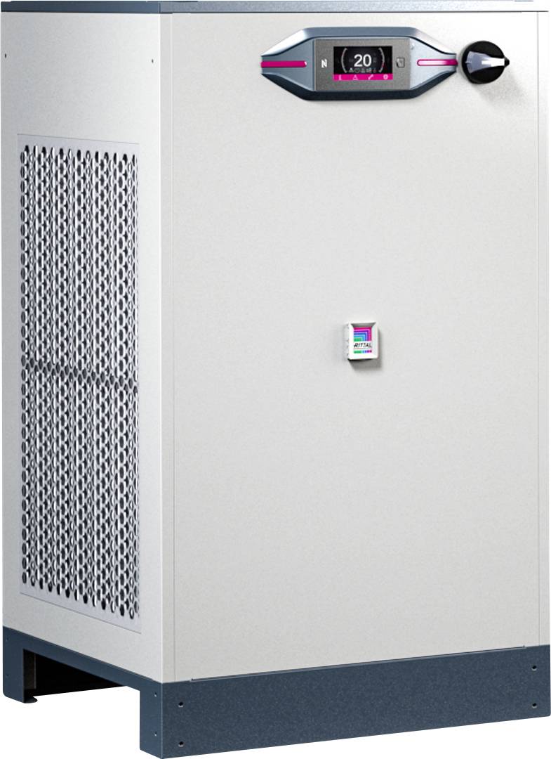 Wärmepumpe mit digitalem Display auf der Vorderseite, zeigt Temperatur an. Lüftungsschlitze an der Seite, moderner industrieller Look.