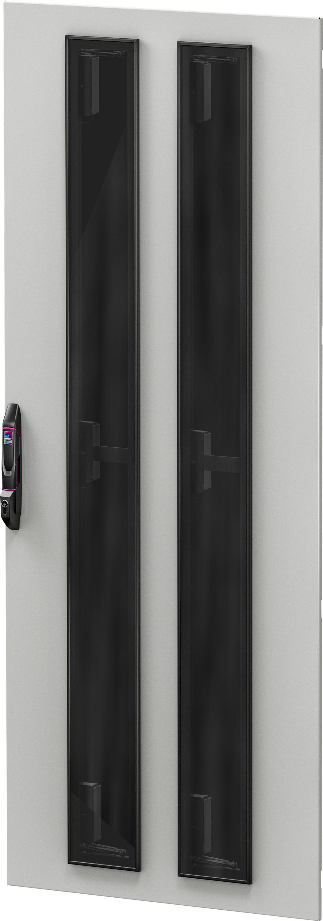 Graue Tür mit zwei langen, schwarzen, vertikalen Paneelen. Türgriff auf der linken Seite sichtbar.