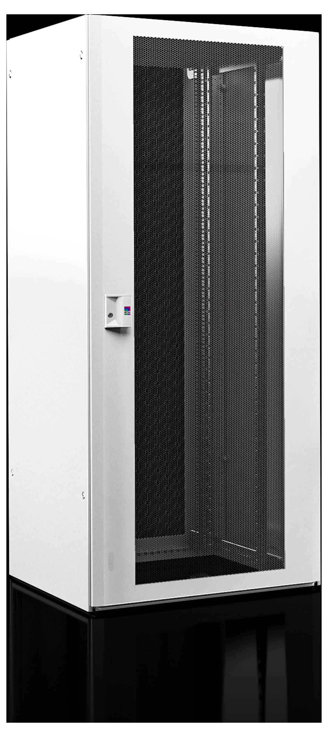 Ein weißer Server-Rack-Schrank mit Glastür und sichtbaren Regaleinsätzen.