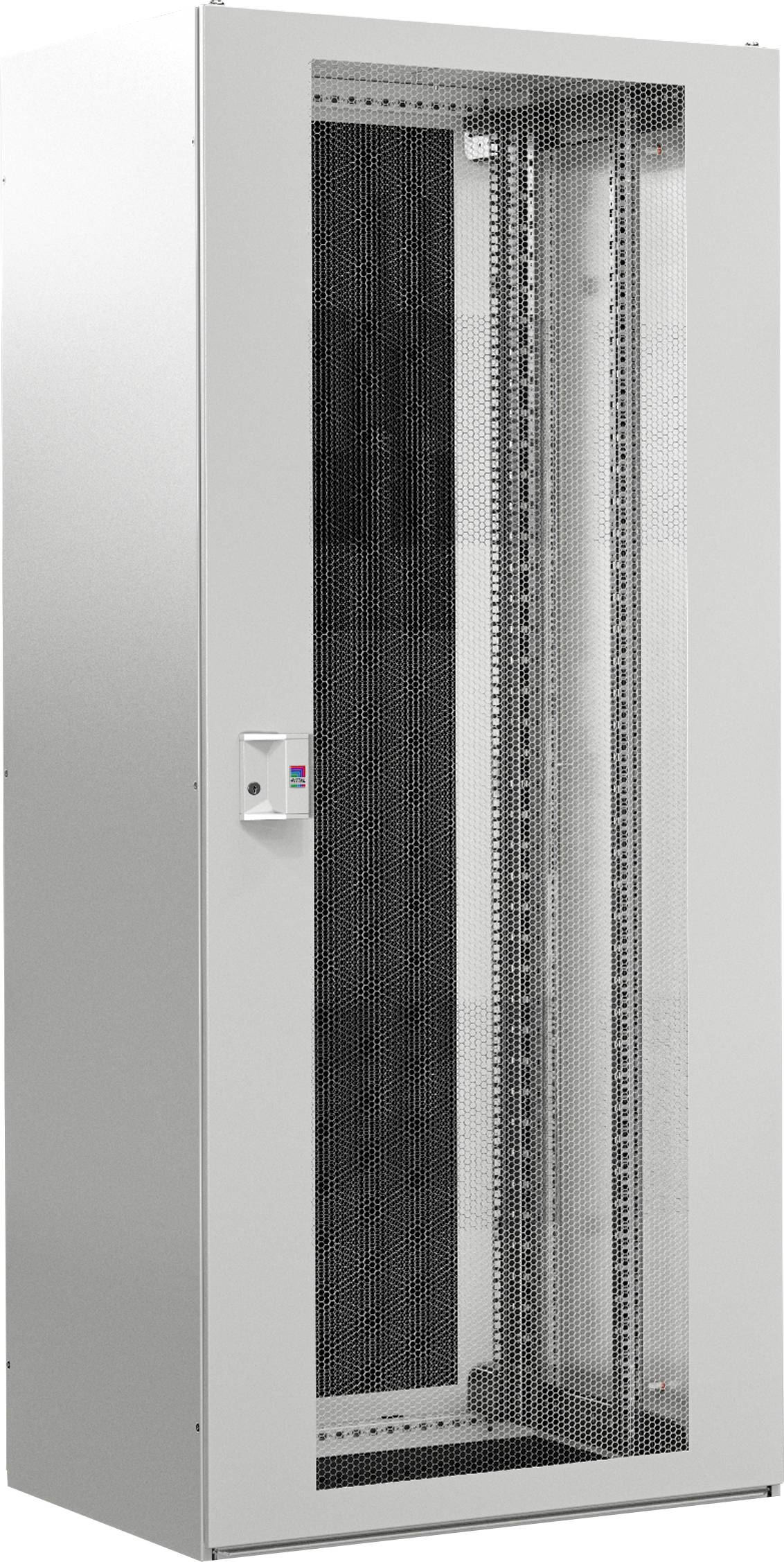 Ein hoher, weißer Netzwerkschrank mit einer Glastür, geeignet für die Aufbewahrung von Servern und Netzwerkgeräten in einem Rechenzentrum.