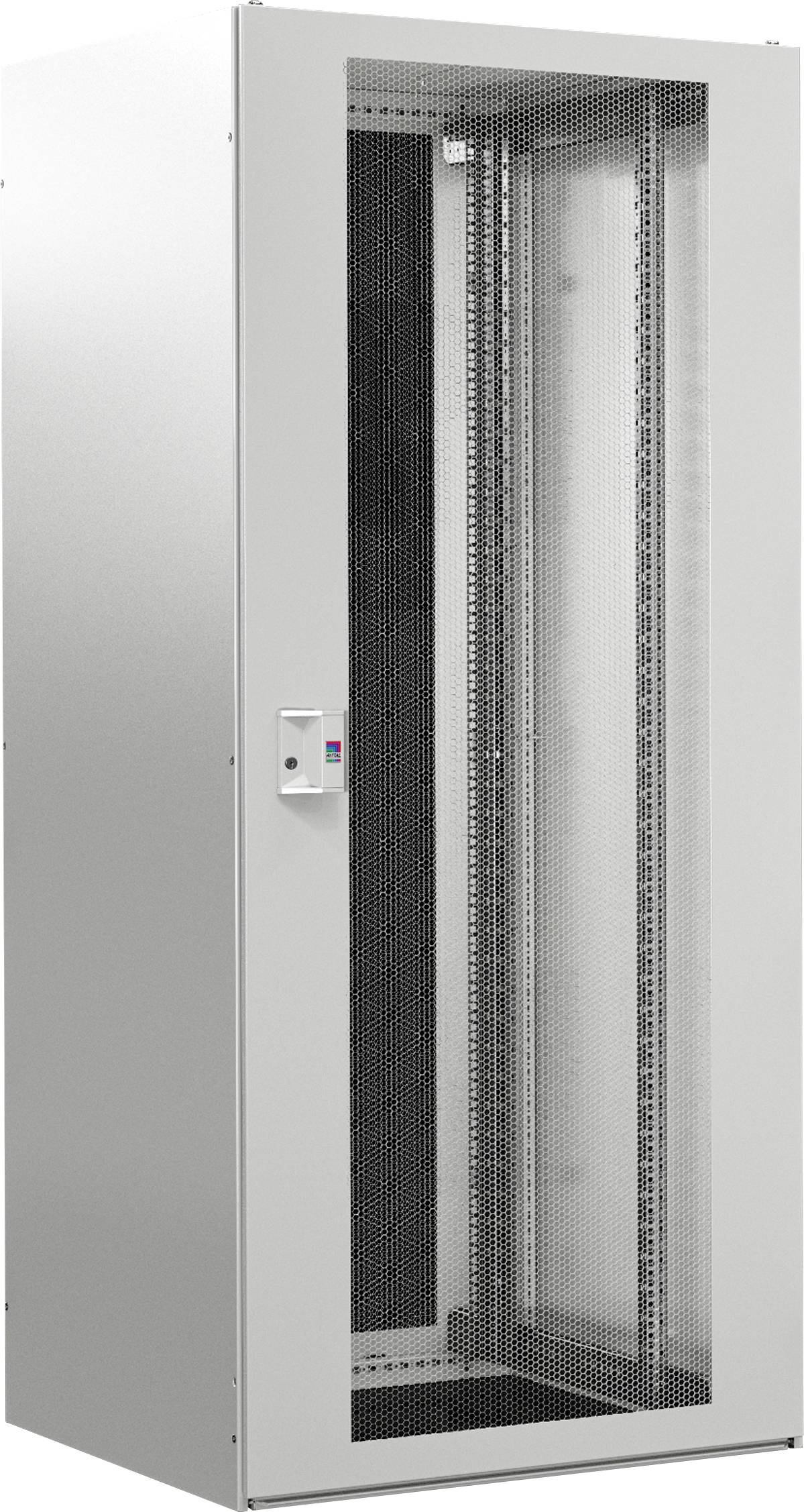 Graues Server-Rack mit Glastür, geeignet für die sichere Aufbewahrung von IT-Geräten in Rechenzentren oder Netzwerkumgebungen.