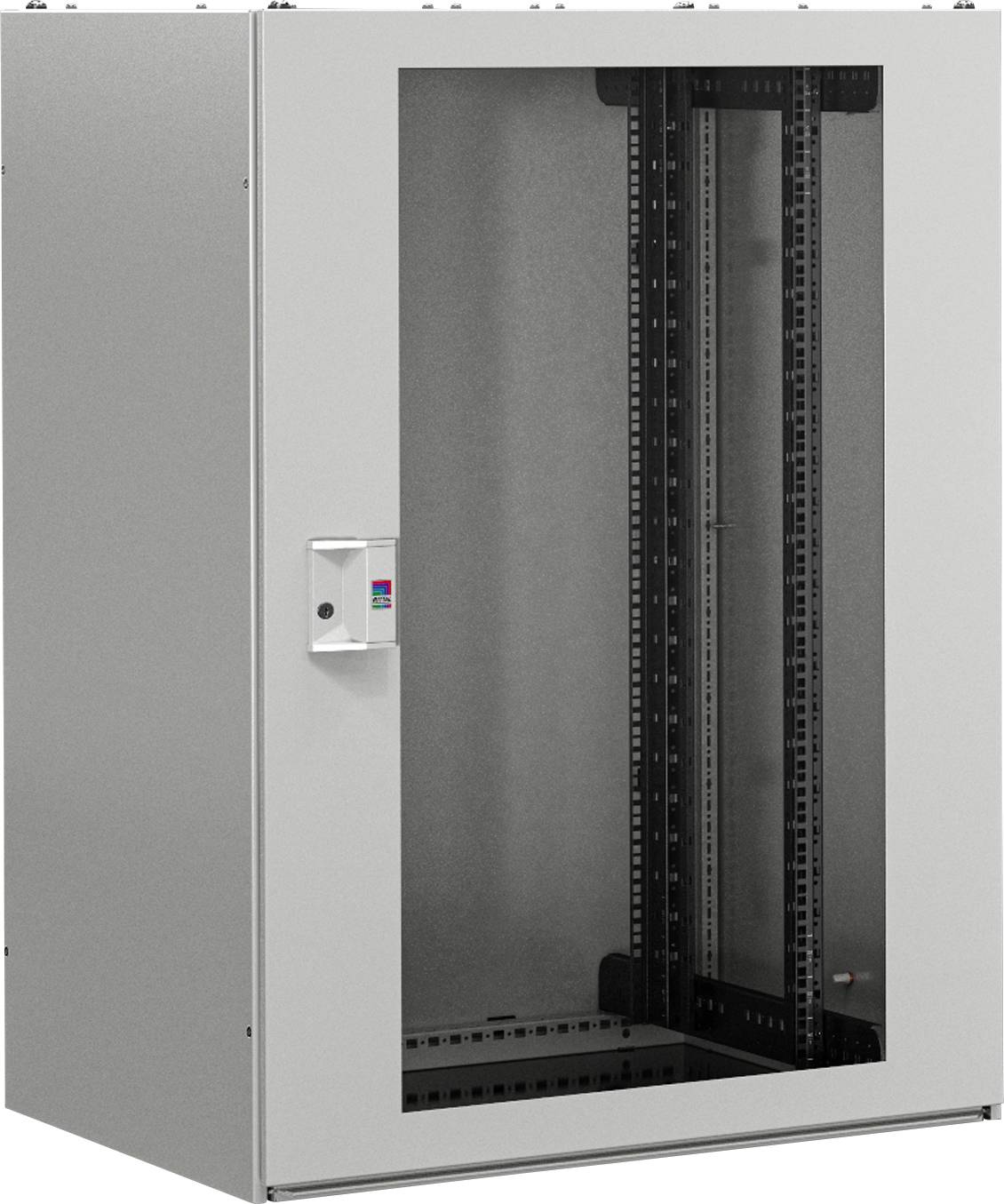 Metallschrank mit Glastür und Belüftungsgittern, geeignet für die Unterbringung von Servern oder IT-Geräten in Büroumgebungen.
