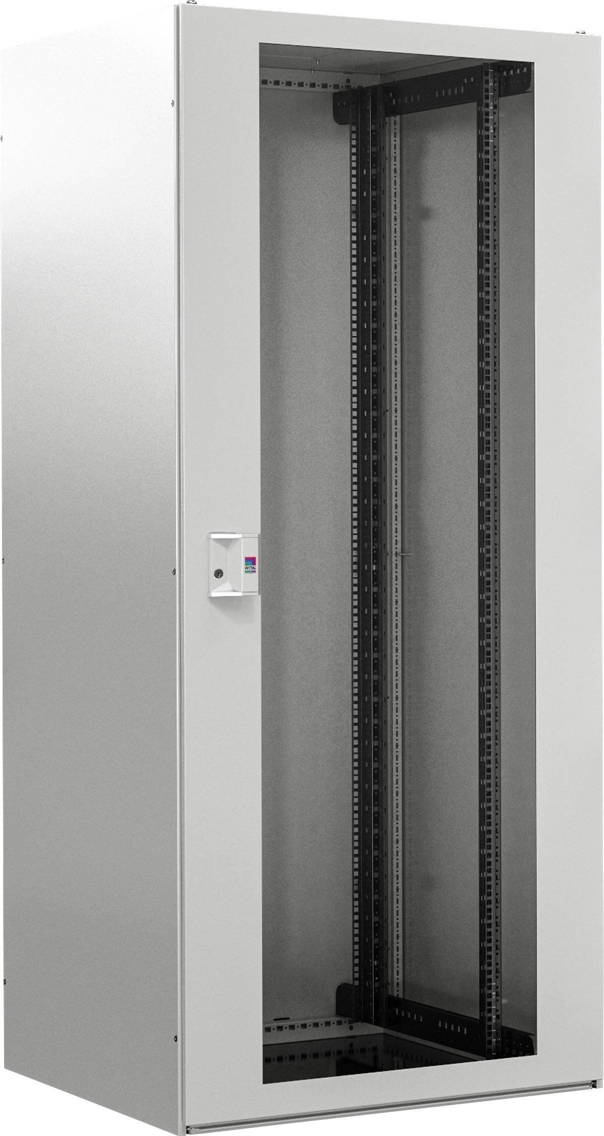 Ein leerer, grauer Serverschrank mit Glastür, geeignet für die Aufnahme von Servern und Netzwerkgeräten, steht in einem Raum.