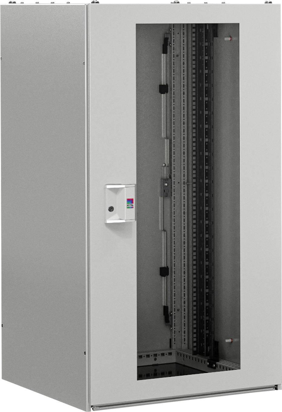 Ein leerer, grauer Metallschrank mit Glastür, geeignet zur Aufbewahrung von elektronischen Geräten oder Netzwerkkomponenten.