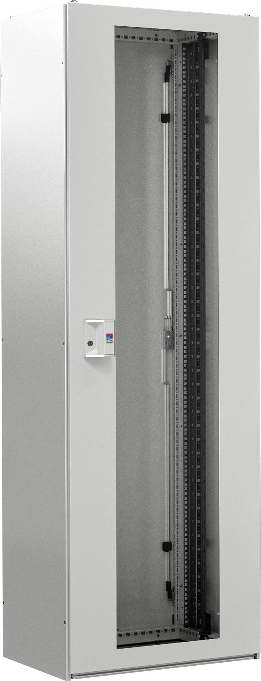 Ein grauer, leerer Serverschrank mit Glastür, vertikal stehend. Geeignet zur Aufnahme von IT-Ausrüstung in Rechenzentren.