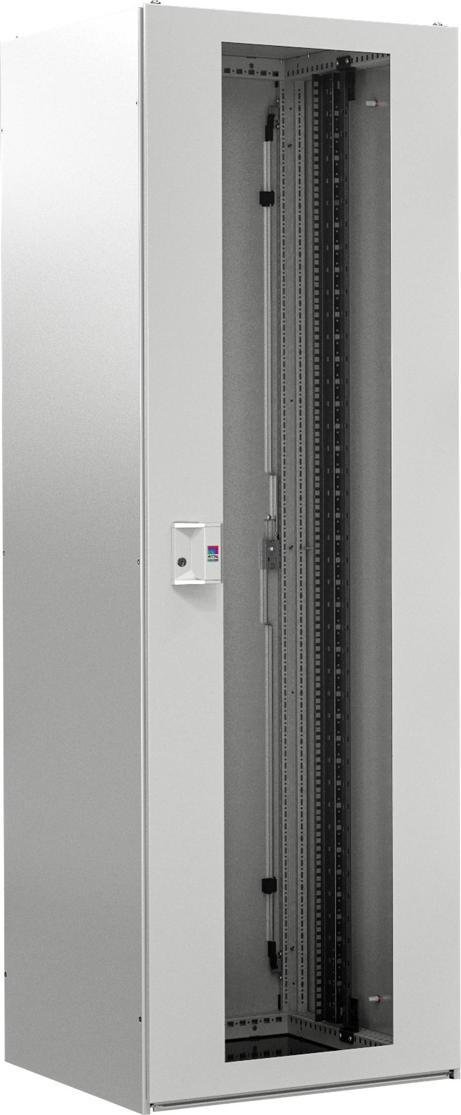 Grauer Netzwerkschrank, freistehend, mit Glastür und belüftetem Rückenteil. Geeignet zur Aufbewahrung von Servern und Netzwerkgeräten.