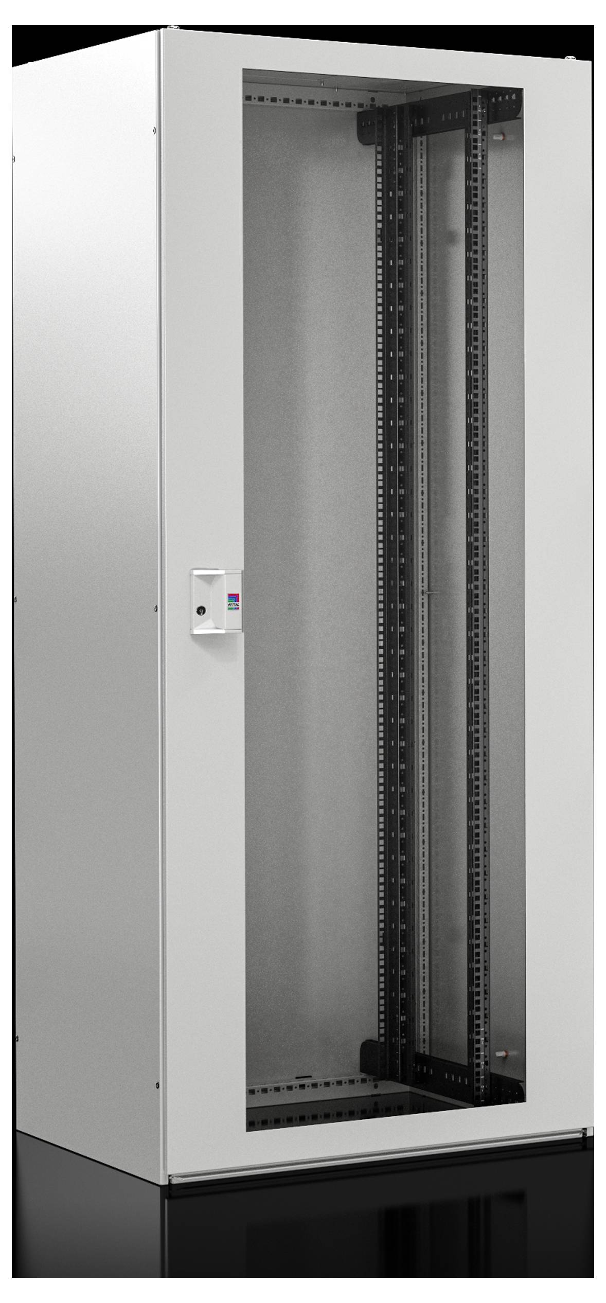 Ein leerer Server-Rack-Schrank mit Glastür, geeignet für IT- oder Netzwerkgeräte, auf schwarzem Sockel.