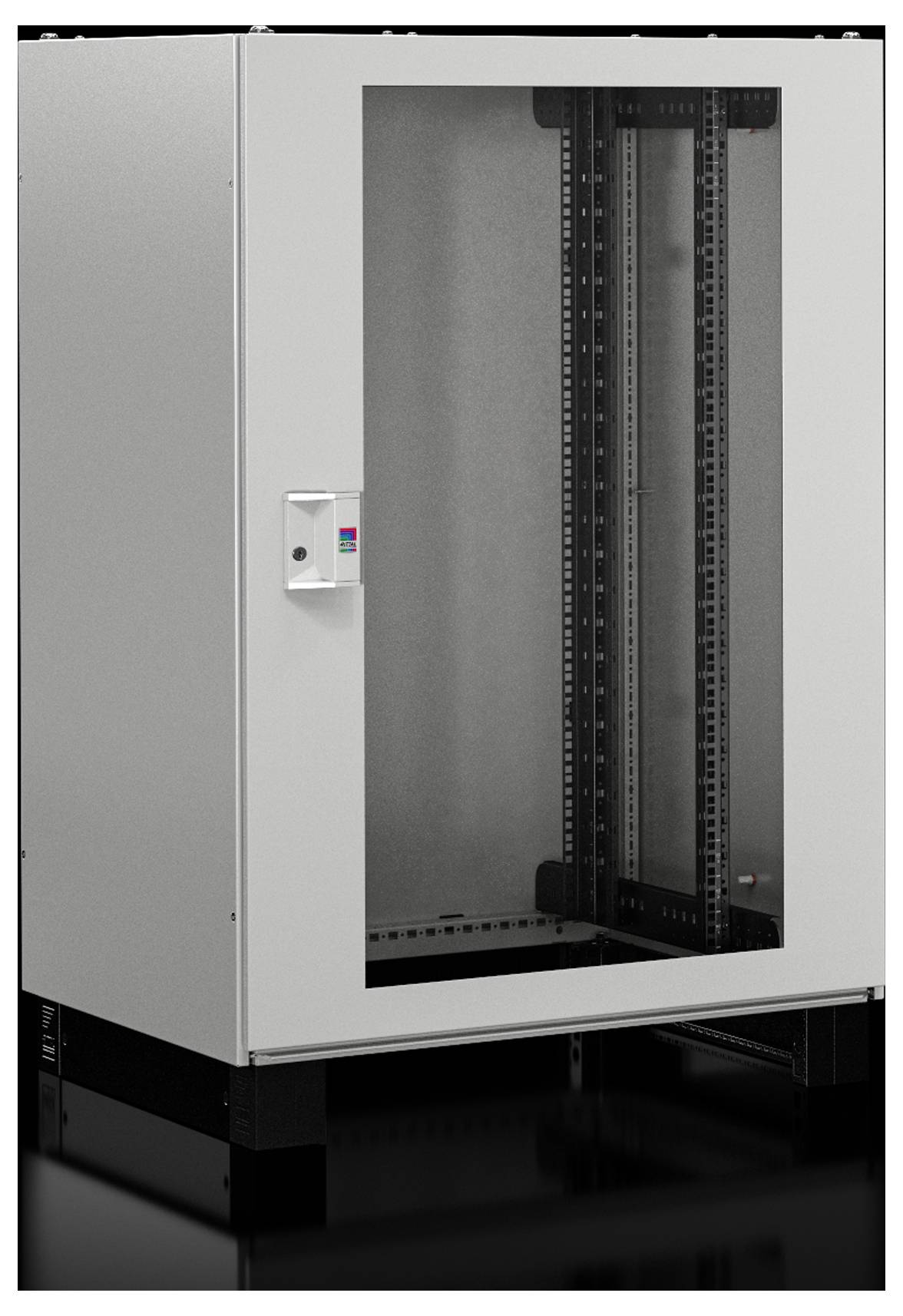 Industrieller Schaltschrank mit transparentem Türpanel; zeigt internes Rack zur Montage von elektrischen oder Netzwerkkomponenten.