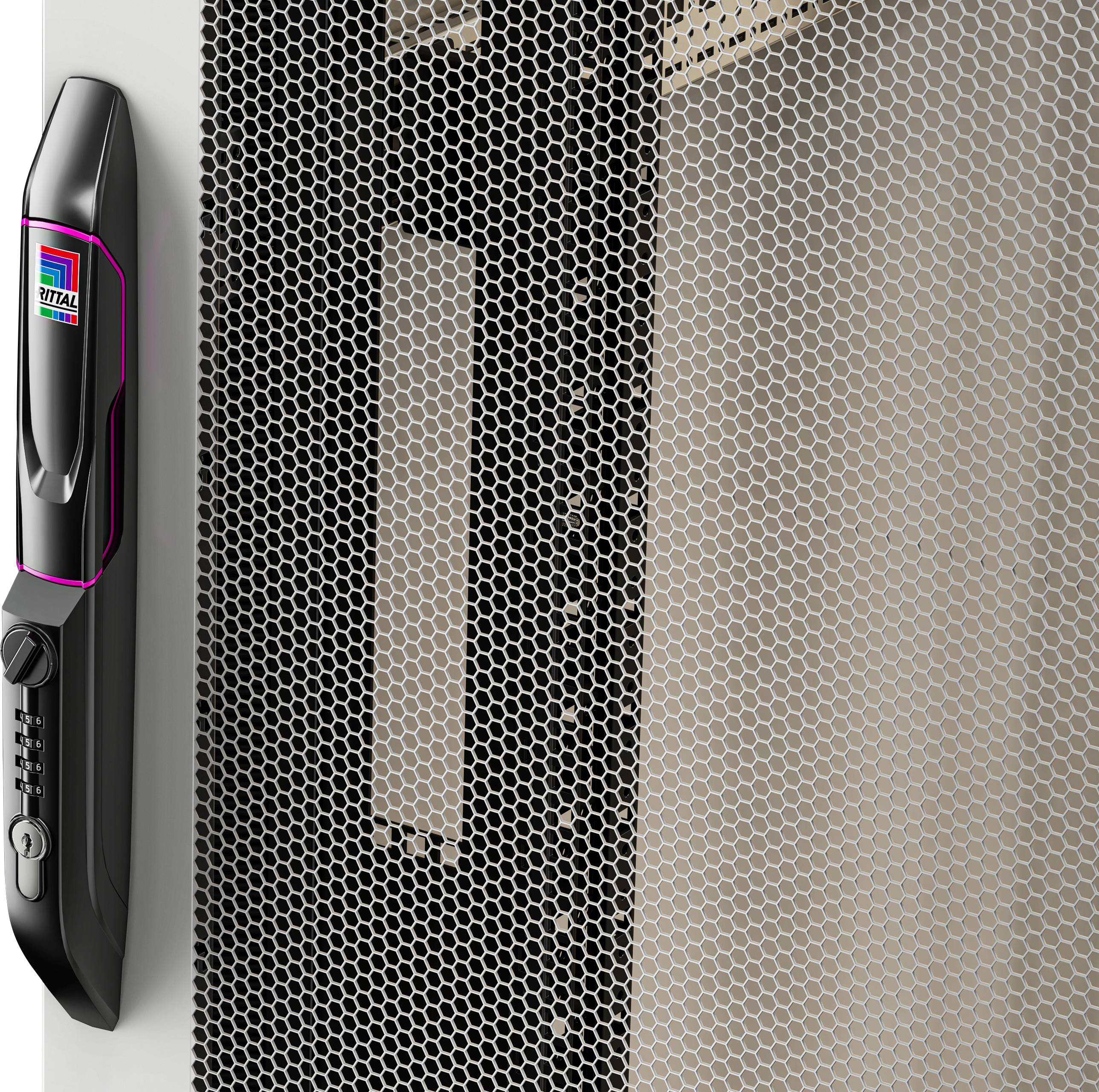 Ein Gitter mit einem digitalen Türschloss an der Seite, das ein modernes Design und Technologie zeigt.