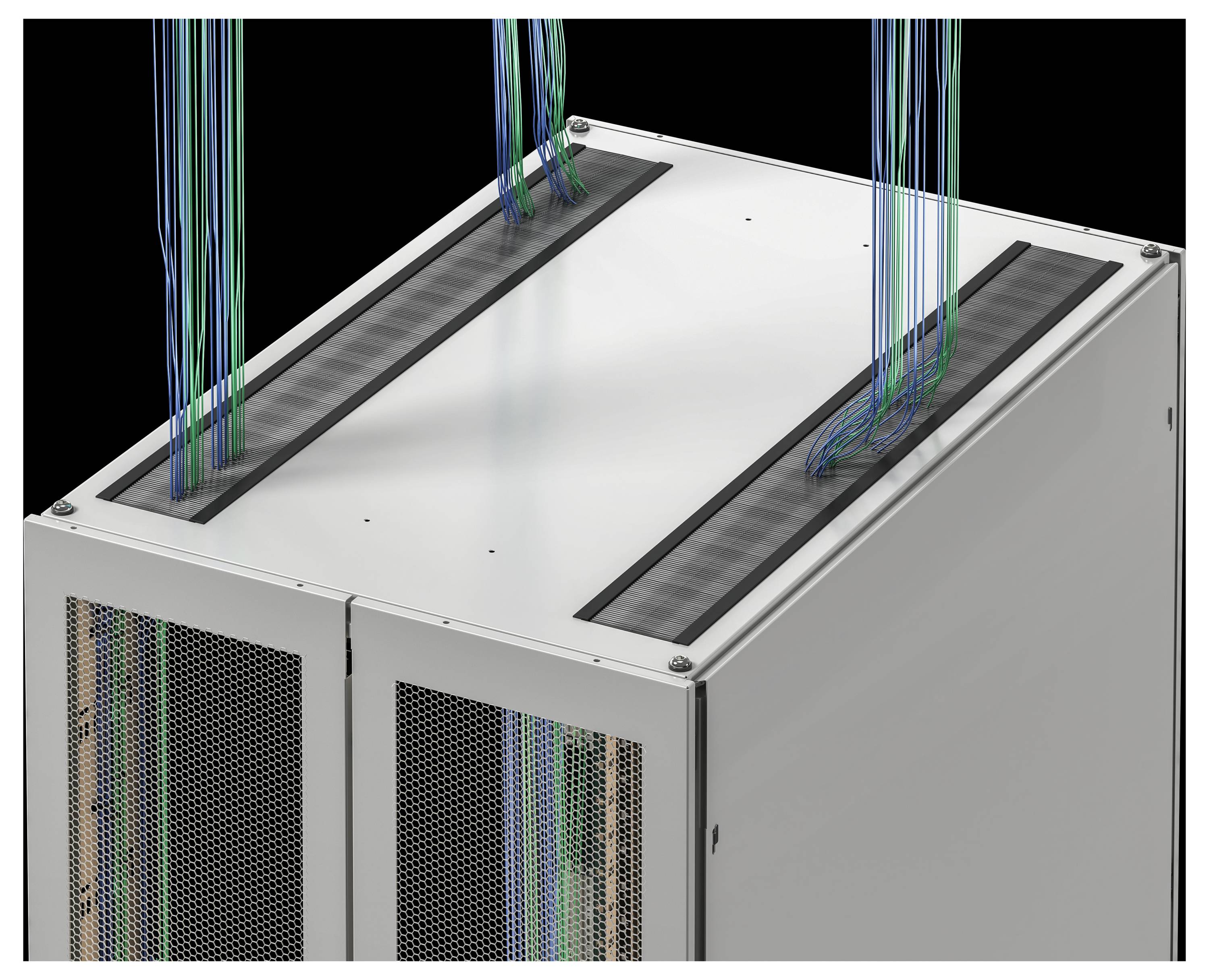 Ein grauer metallischer Server mit vertikalen Lüftungsgittern zeigt mehrere blau-grüne Datenleitungen, die von oben angeschlossen sind.