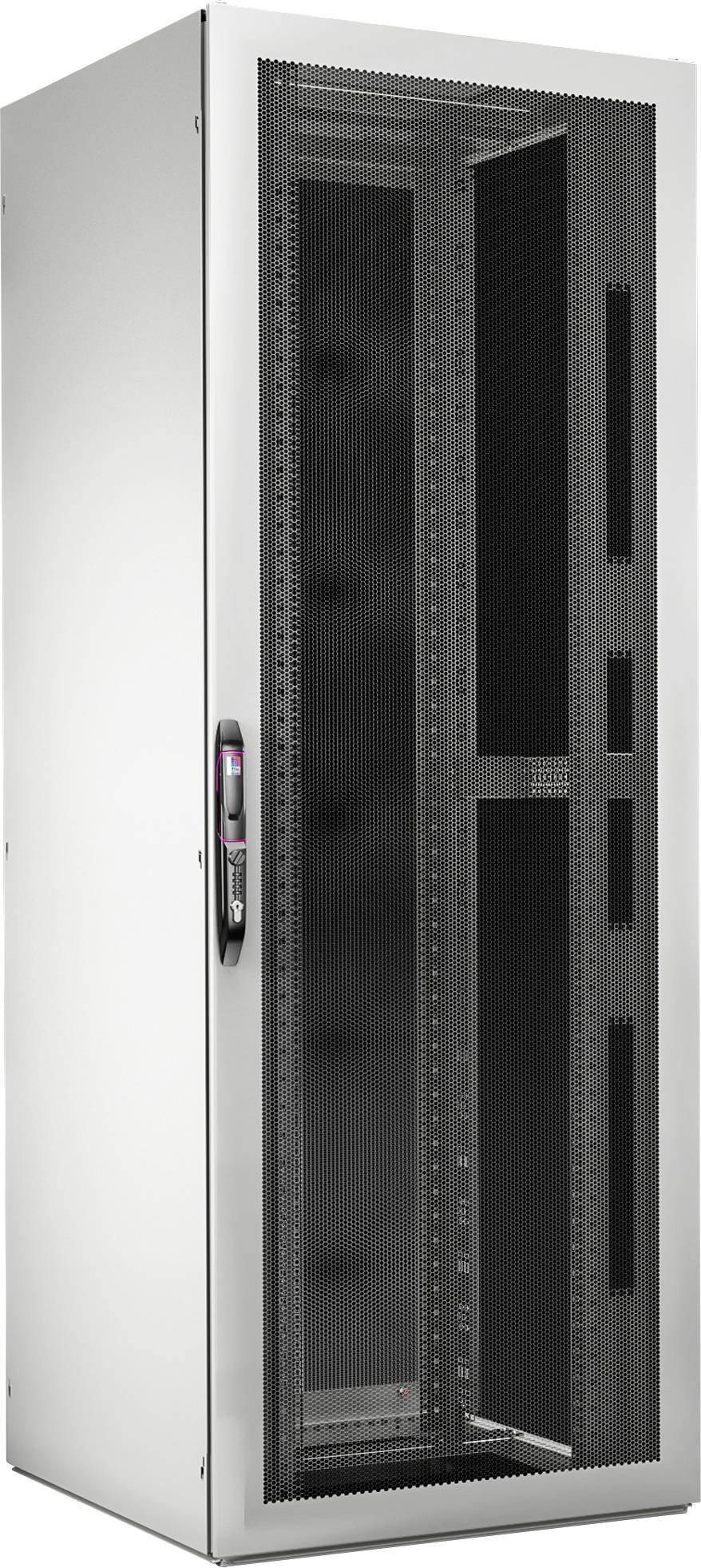 Ein silbernes Server-Rack mit Glastür. Es steht aufrecht und zeigt eine teilweise sichtbare schwarze Inneneinrichtung.