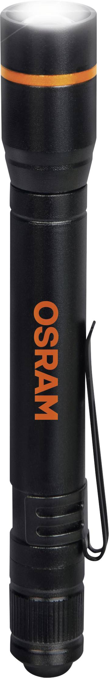 Schwarze OSRAM-Taschenlampe mit orangefarbenem Schriftzug, vertikaler Clip an der Seite, geeignet für den Einsatz bei Dunkelheit.